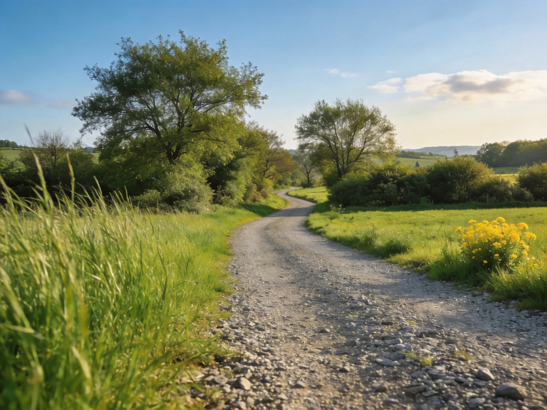 A winding gravel path through verdant fields and mature trees