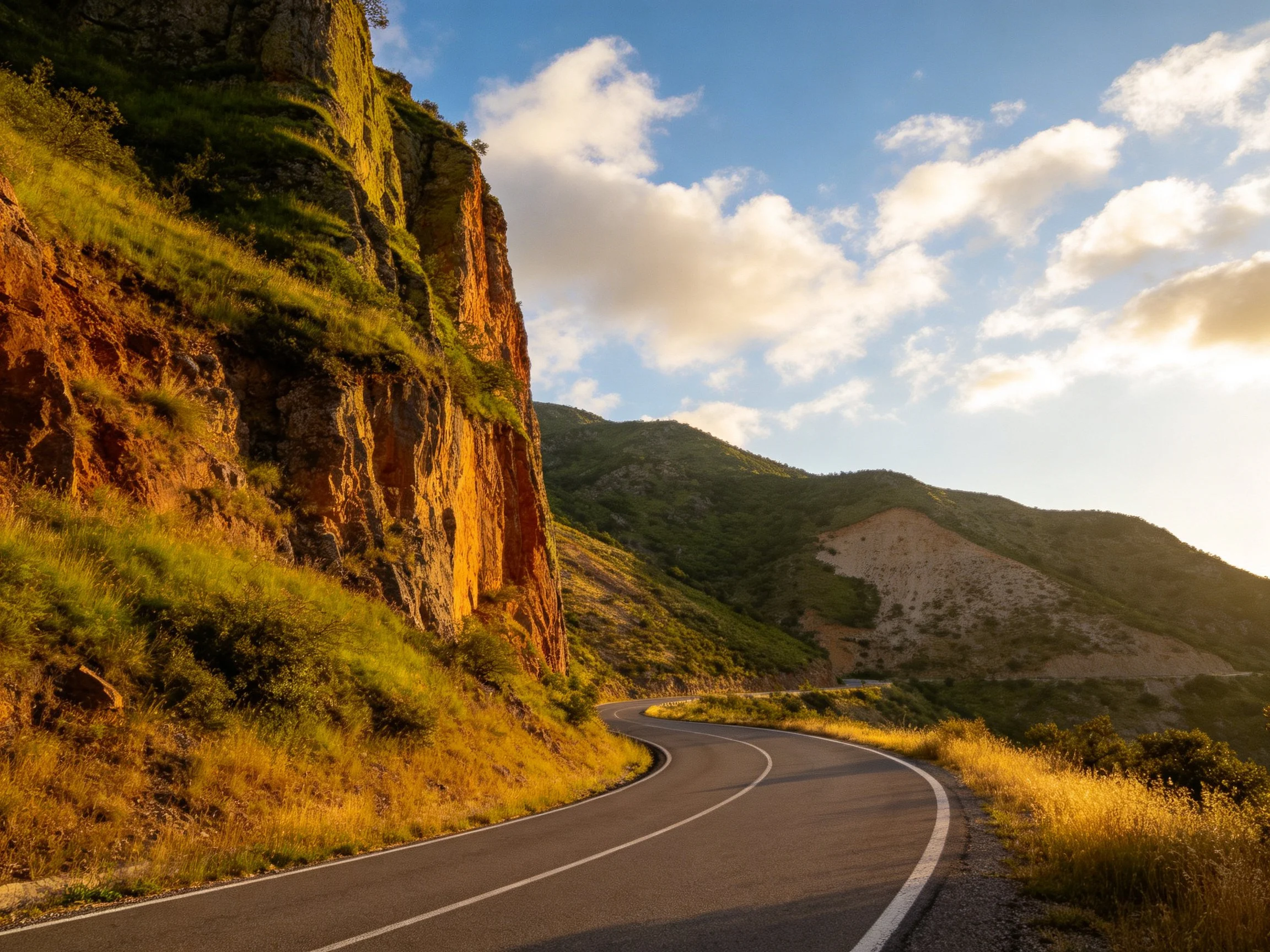 A winding mountain road beside a reddish-brown cliff under sunny skies