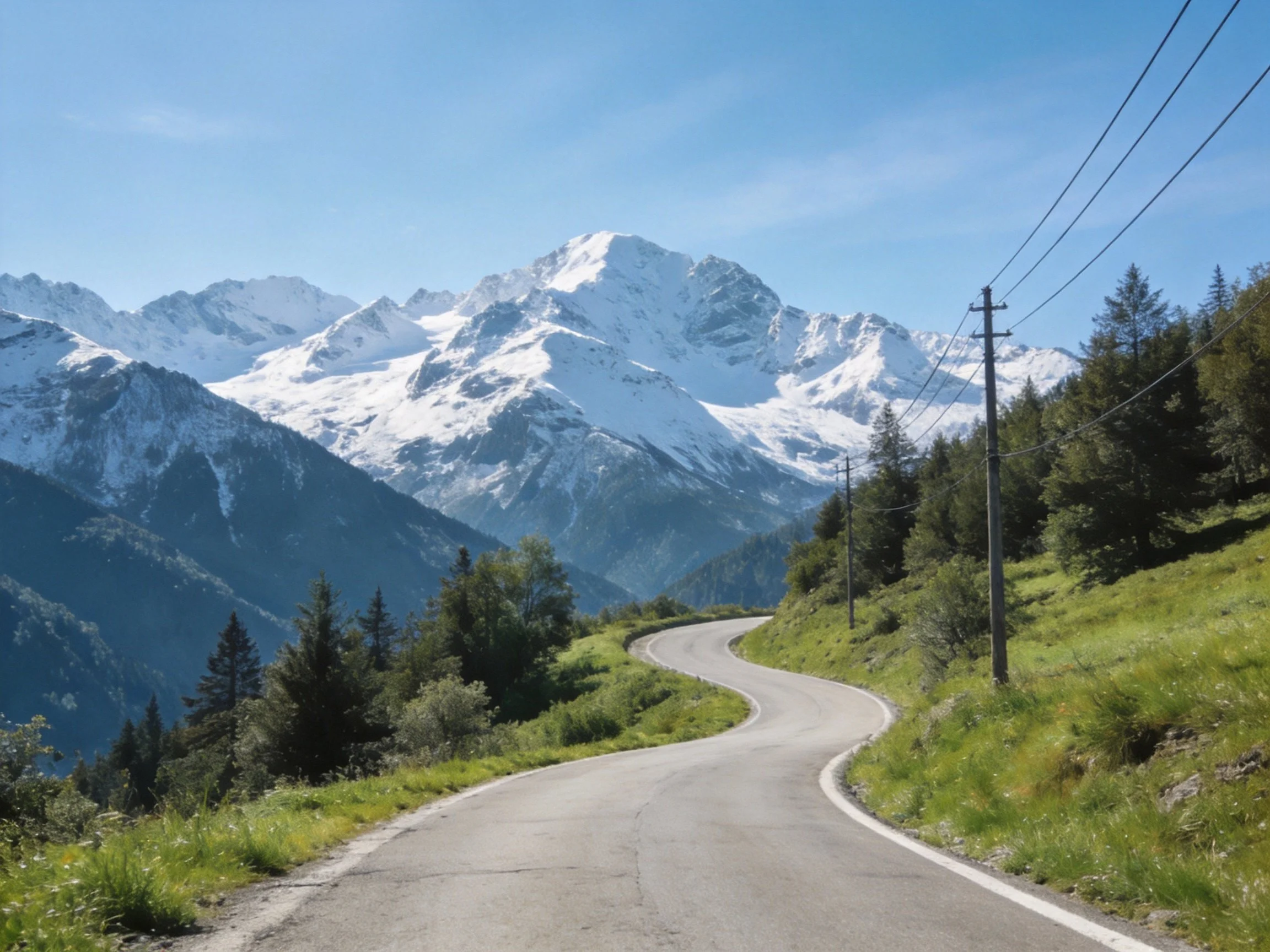 A winding mountain road leads toward majestic snow - capped peaks