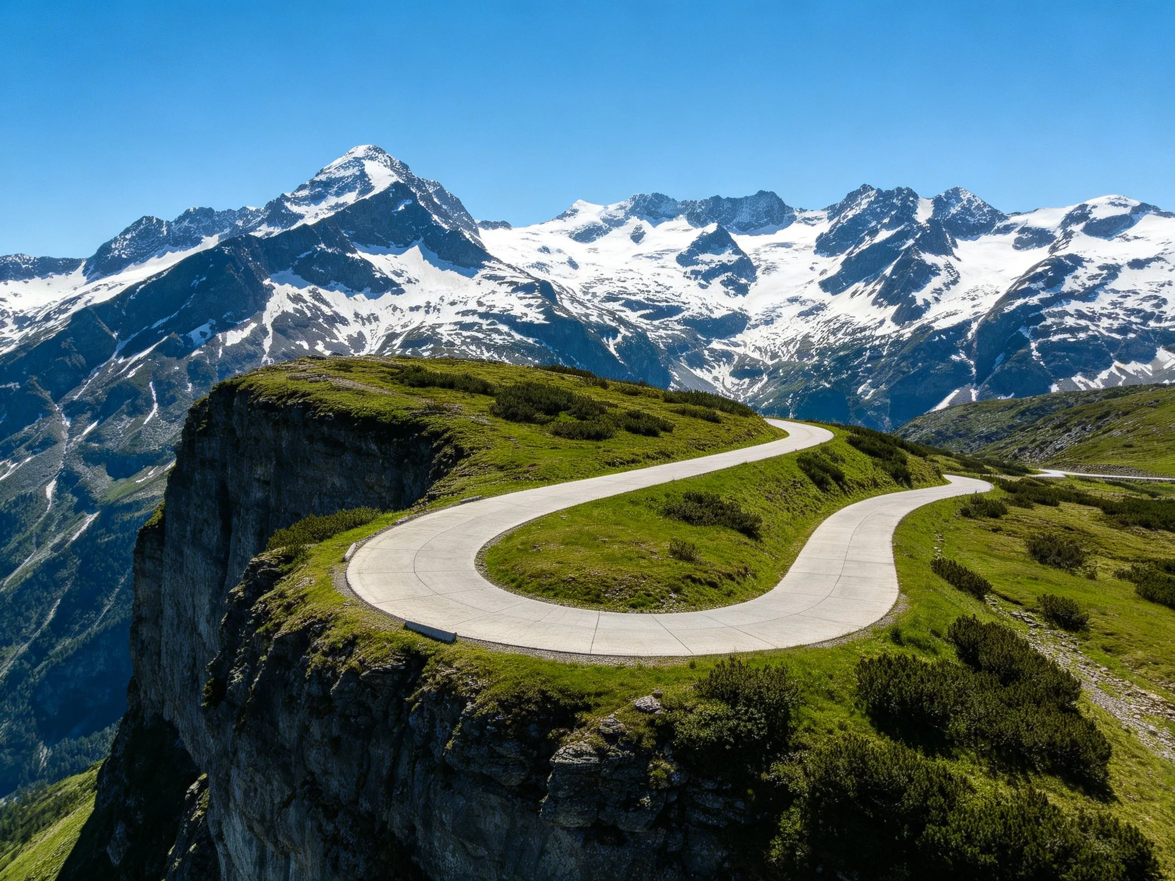 A winding mountain road overlooks snow-capped peaks under clear blue sky