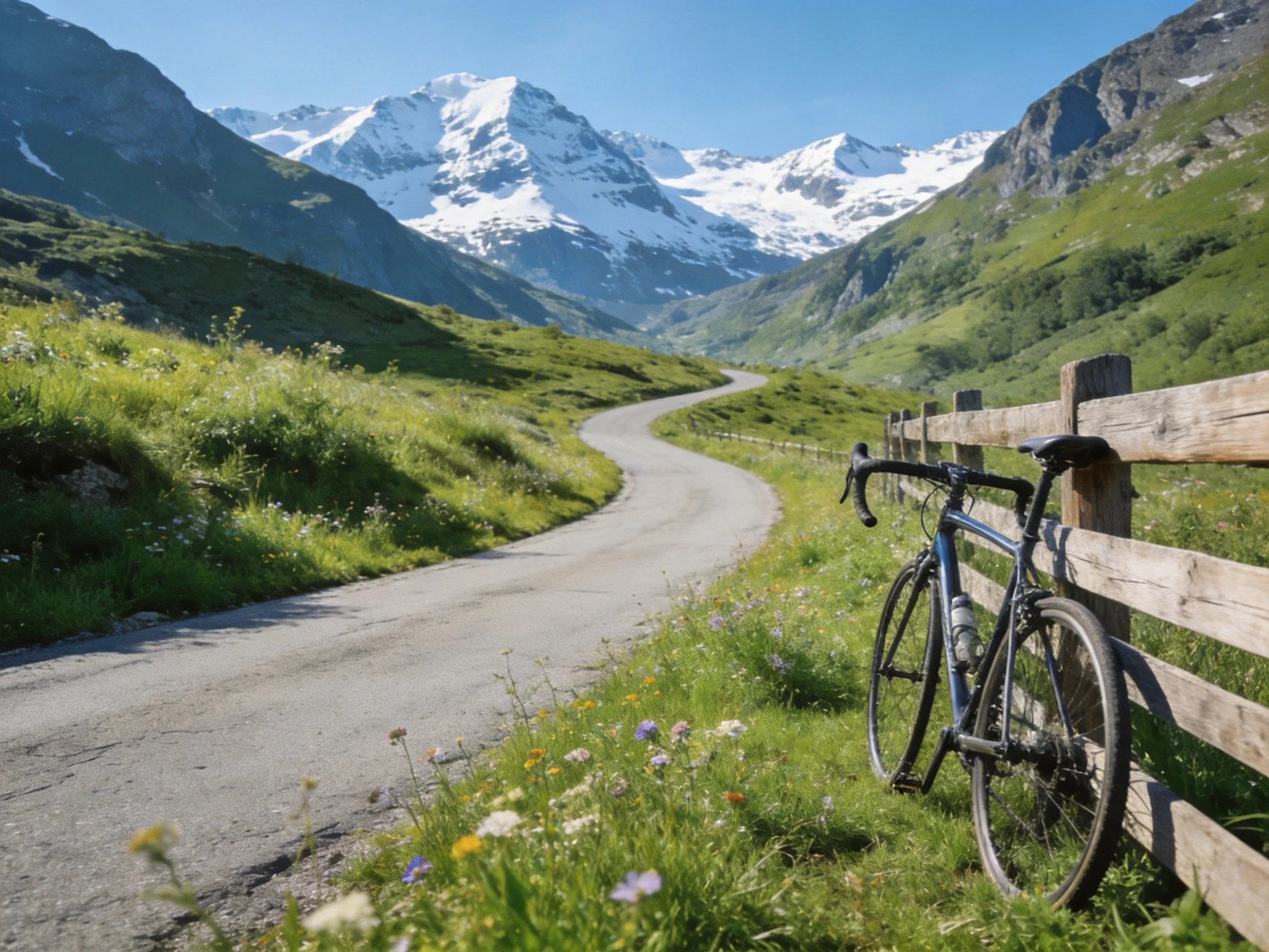 A winding mountain road with a bicycle, green meadows, and snow-capped peaks