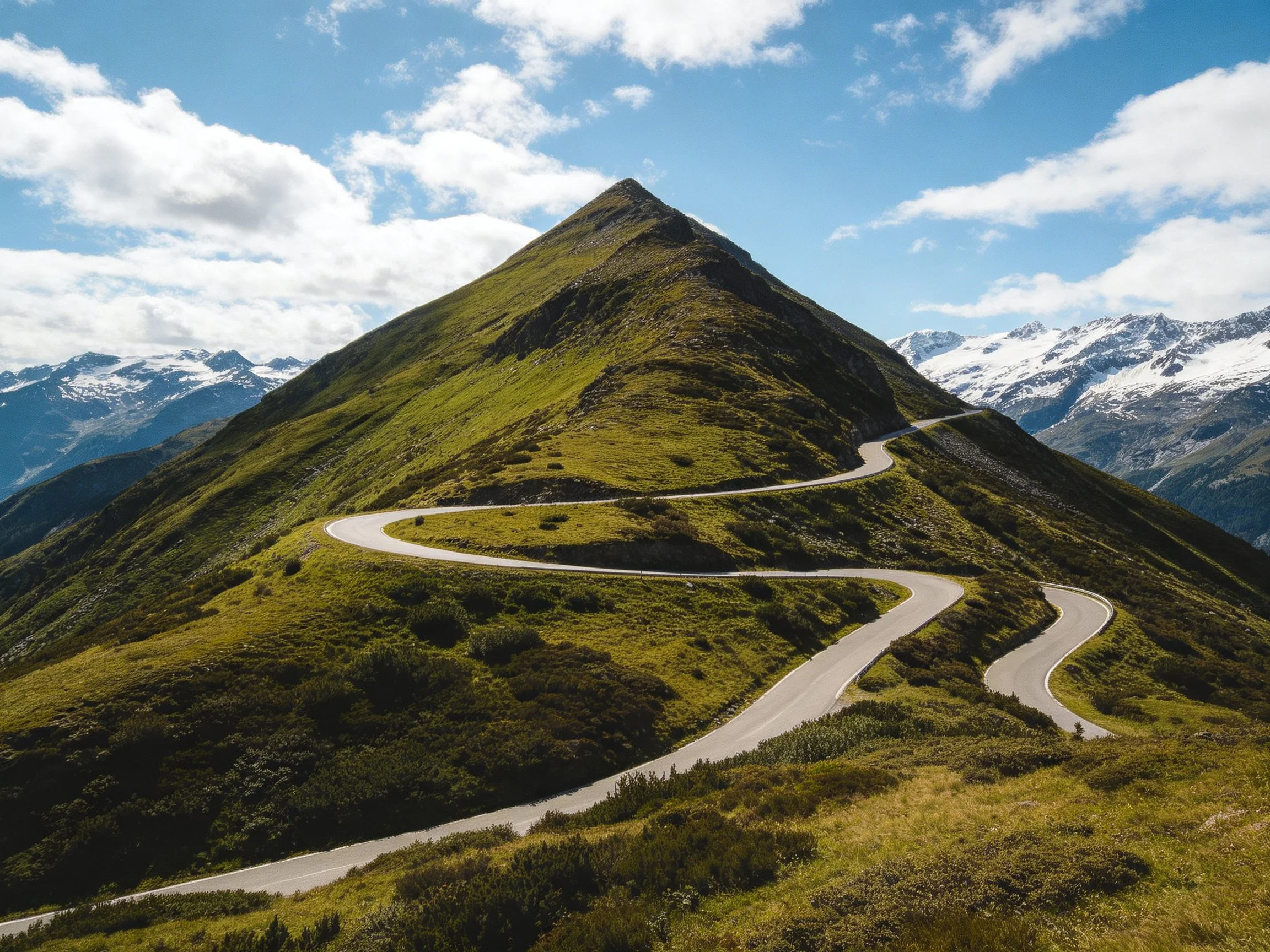 A winding mountain road with lush green slopes and distant snow-capped peaks