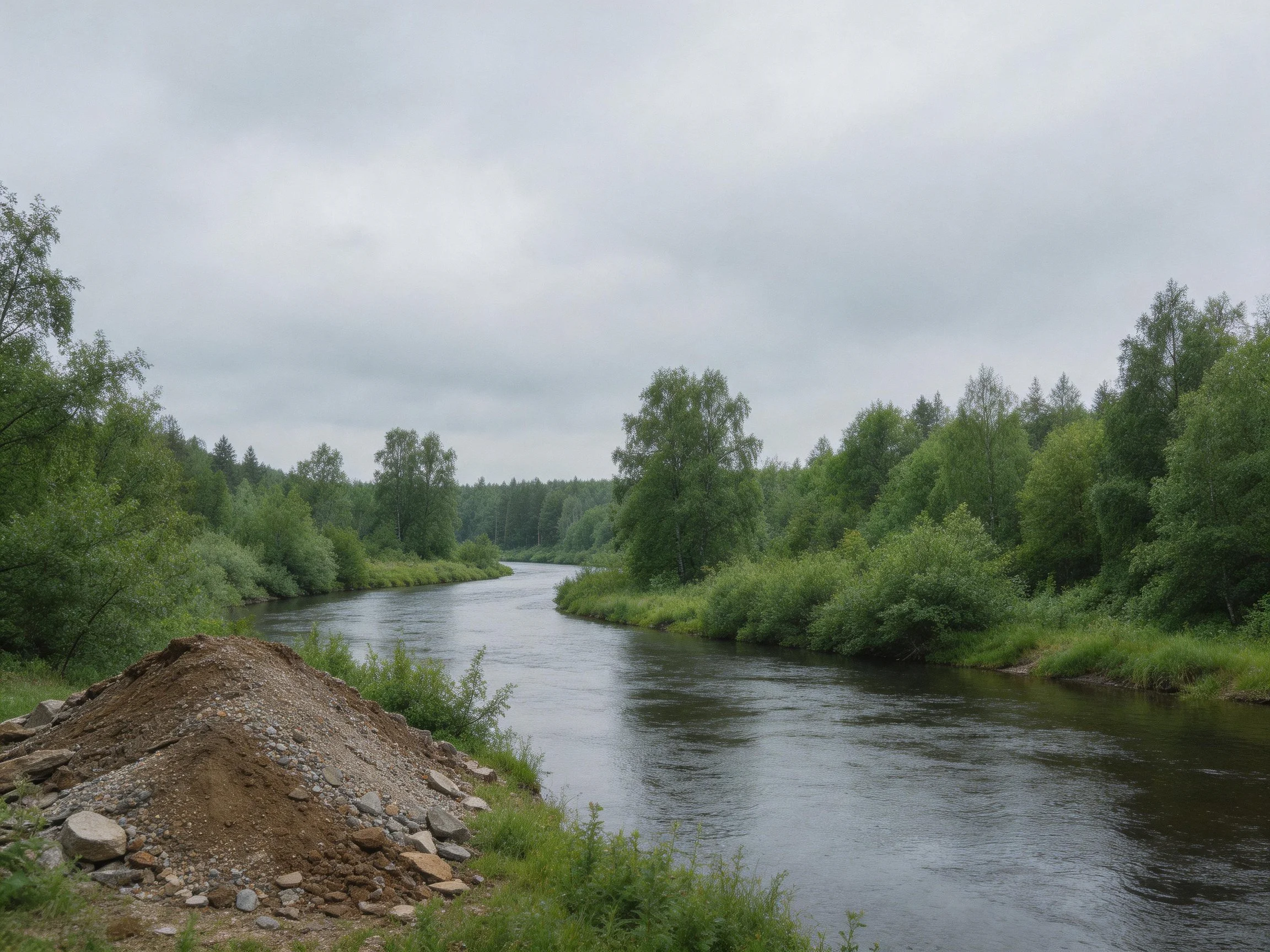 A winding river bordered by dense green trees under a gray sky