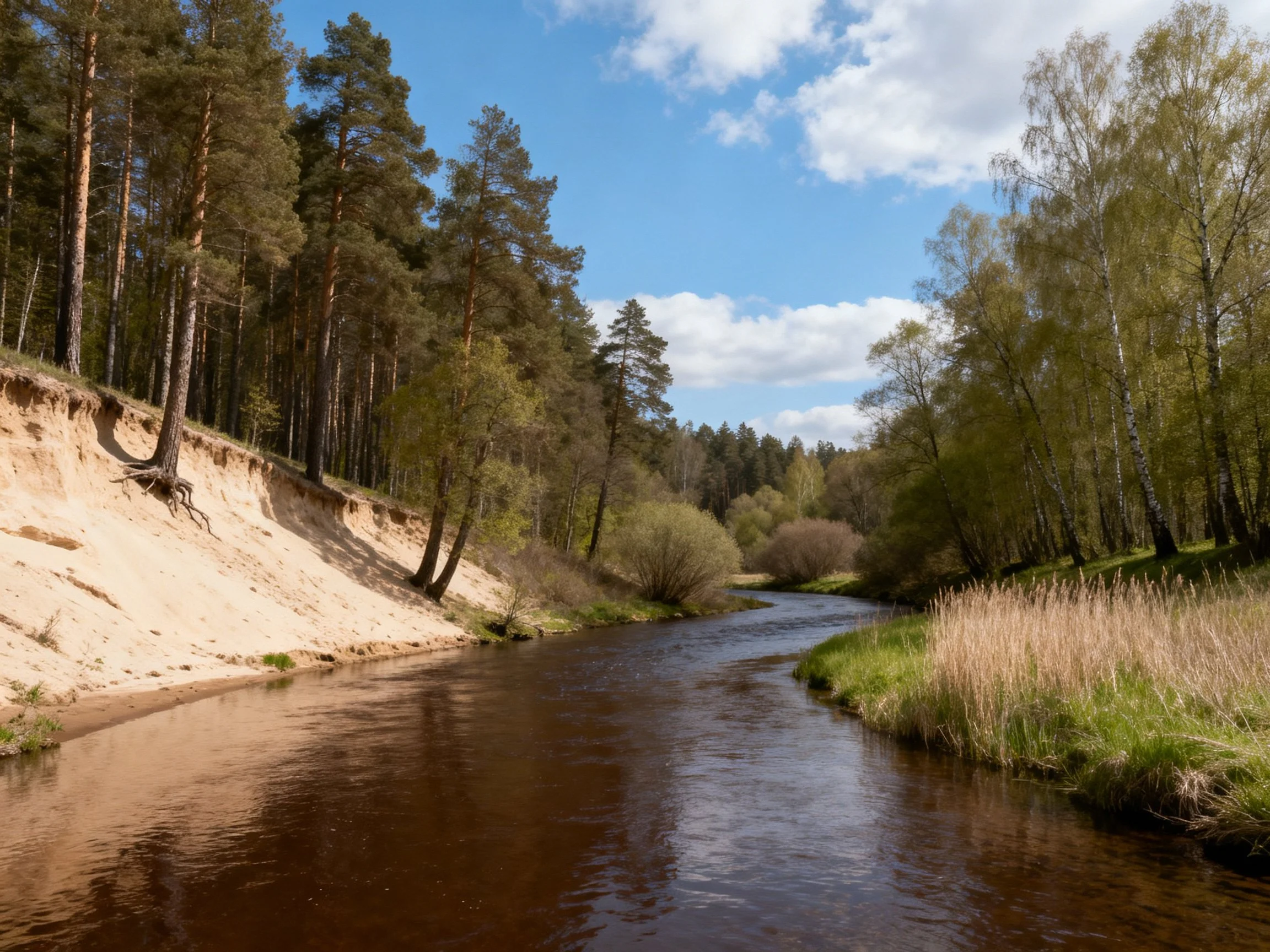 A winding river flows along sandy banks and dense forests