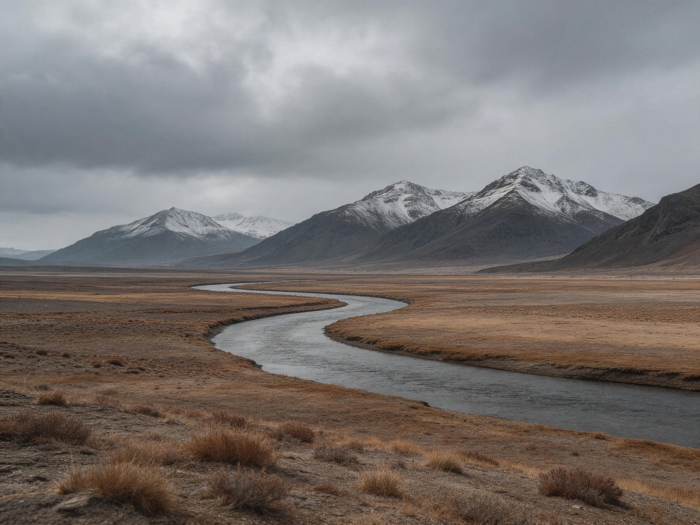 A winding river flows through an arid plain toward snow-capped mountains under a cloudy sky