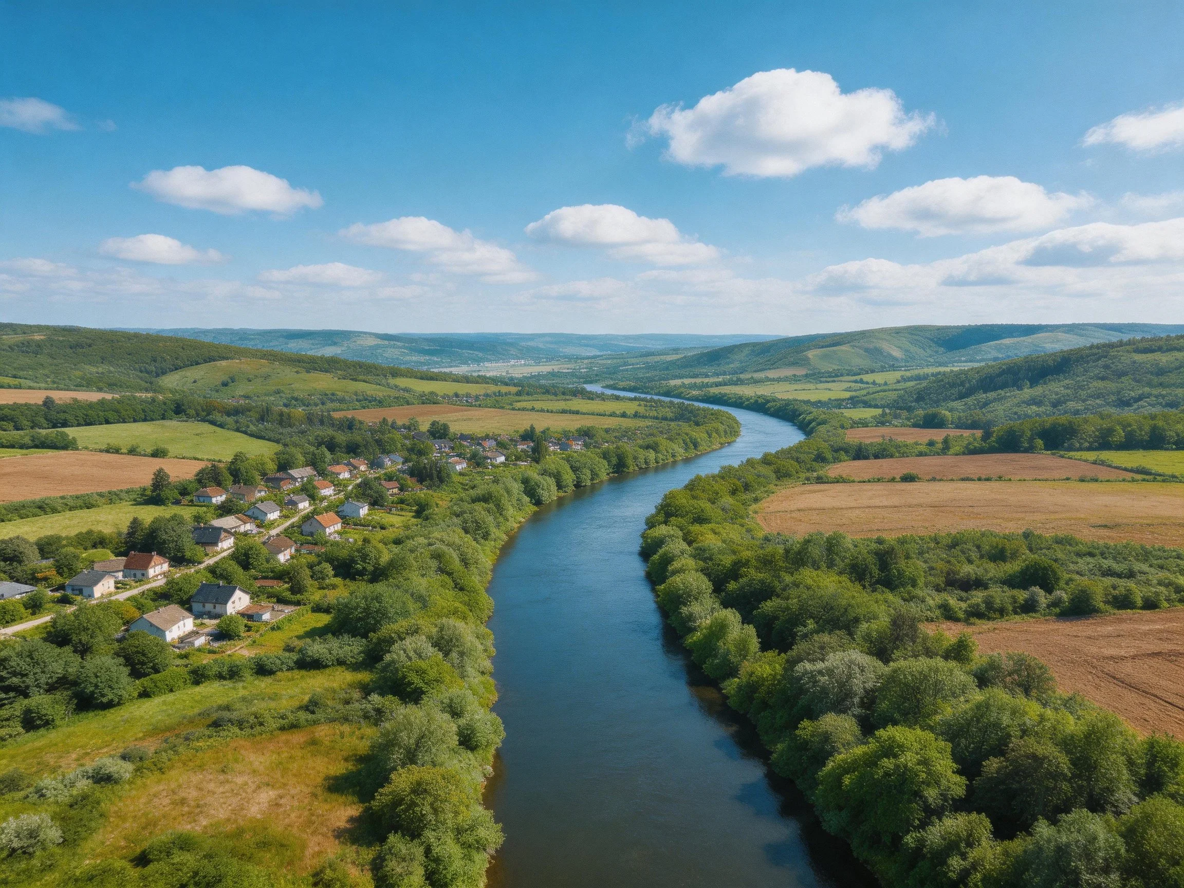 A winding river flows through lush countryside near a small village