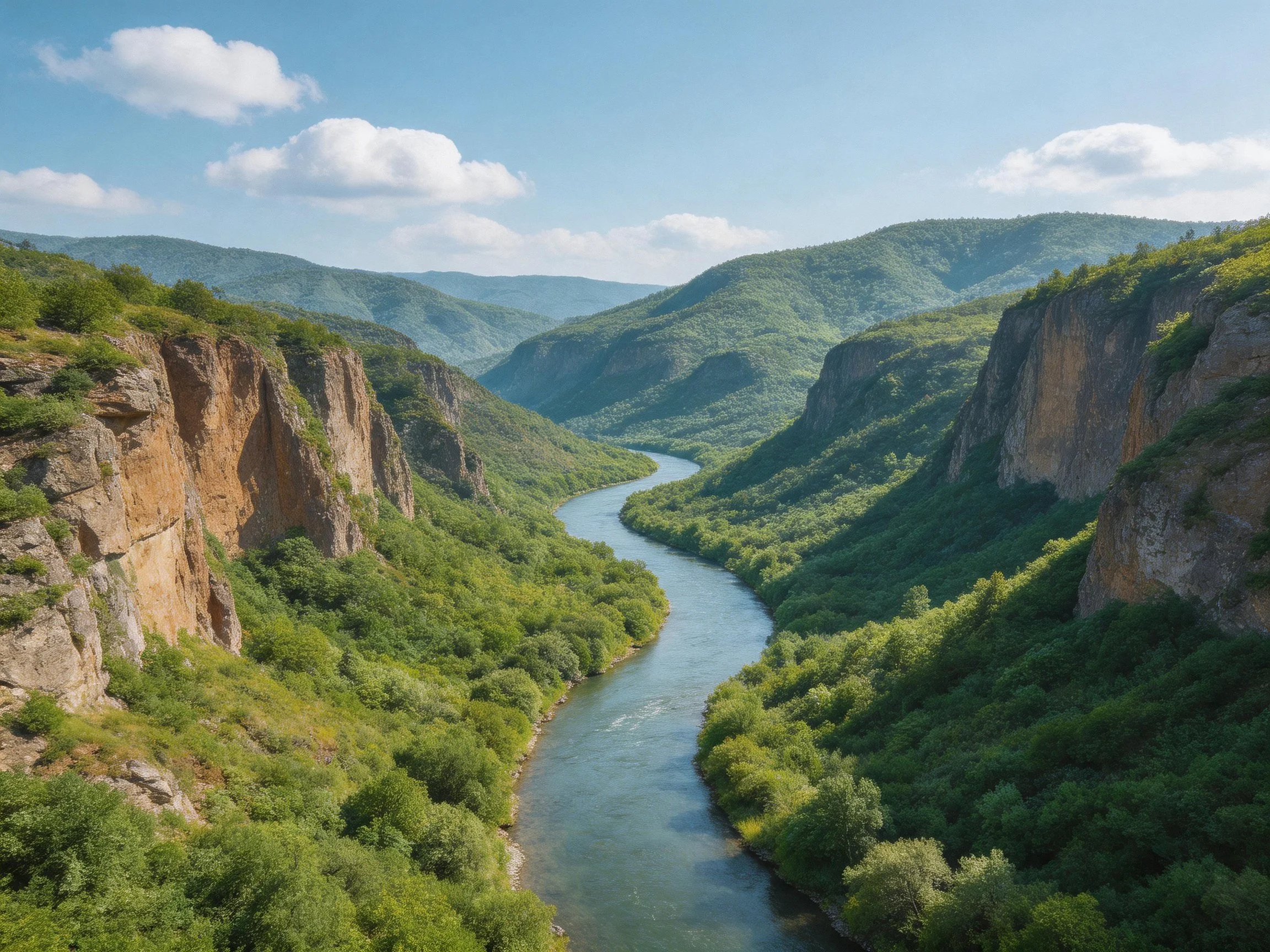 A winding river flows through lush green canyons with brown rock cliffs