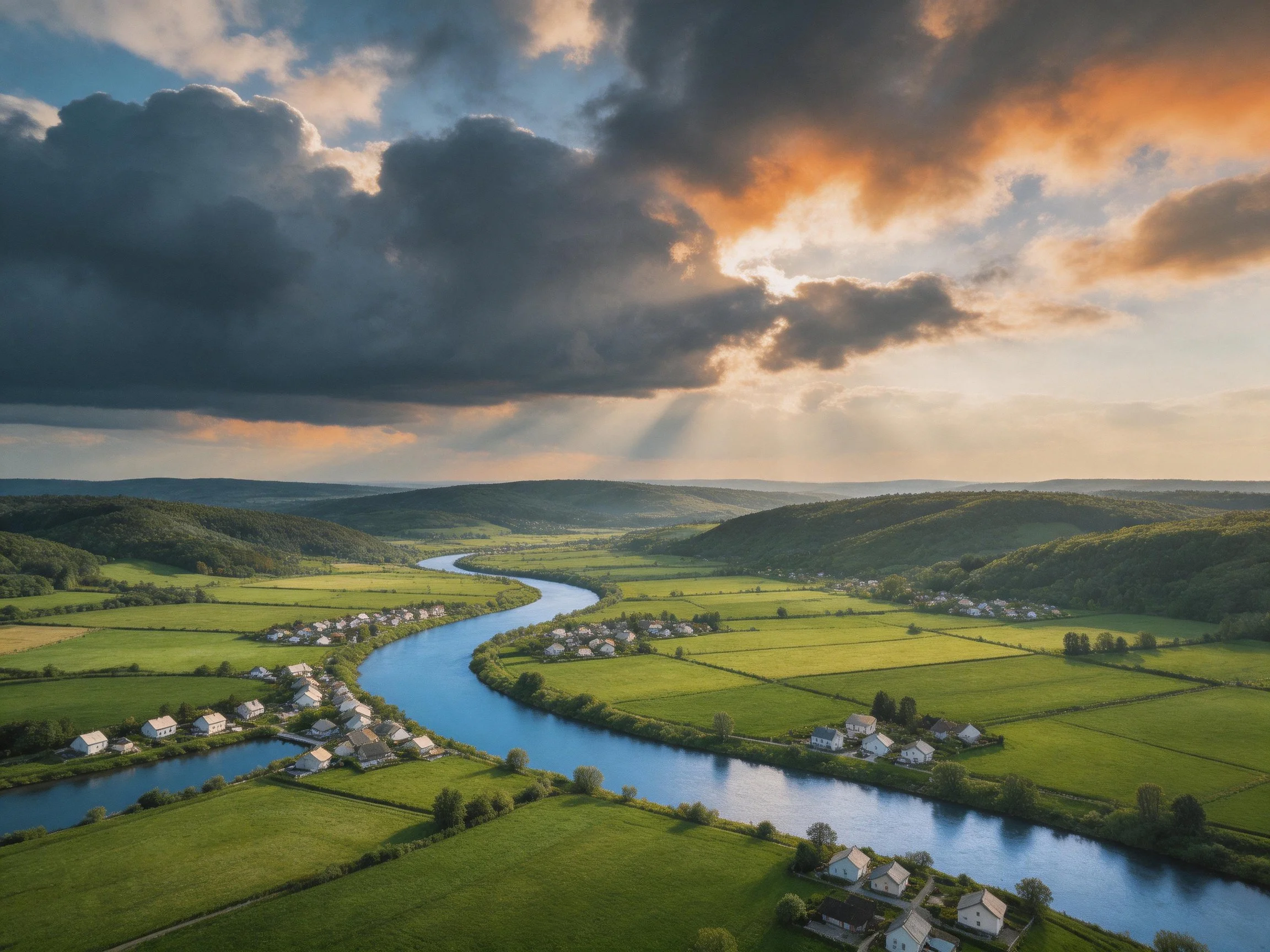 A winding river flows through lush green farmland near quaint villages