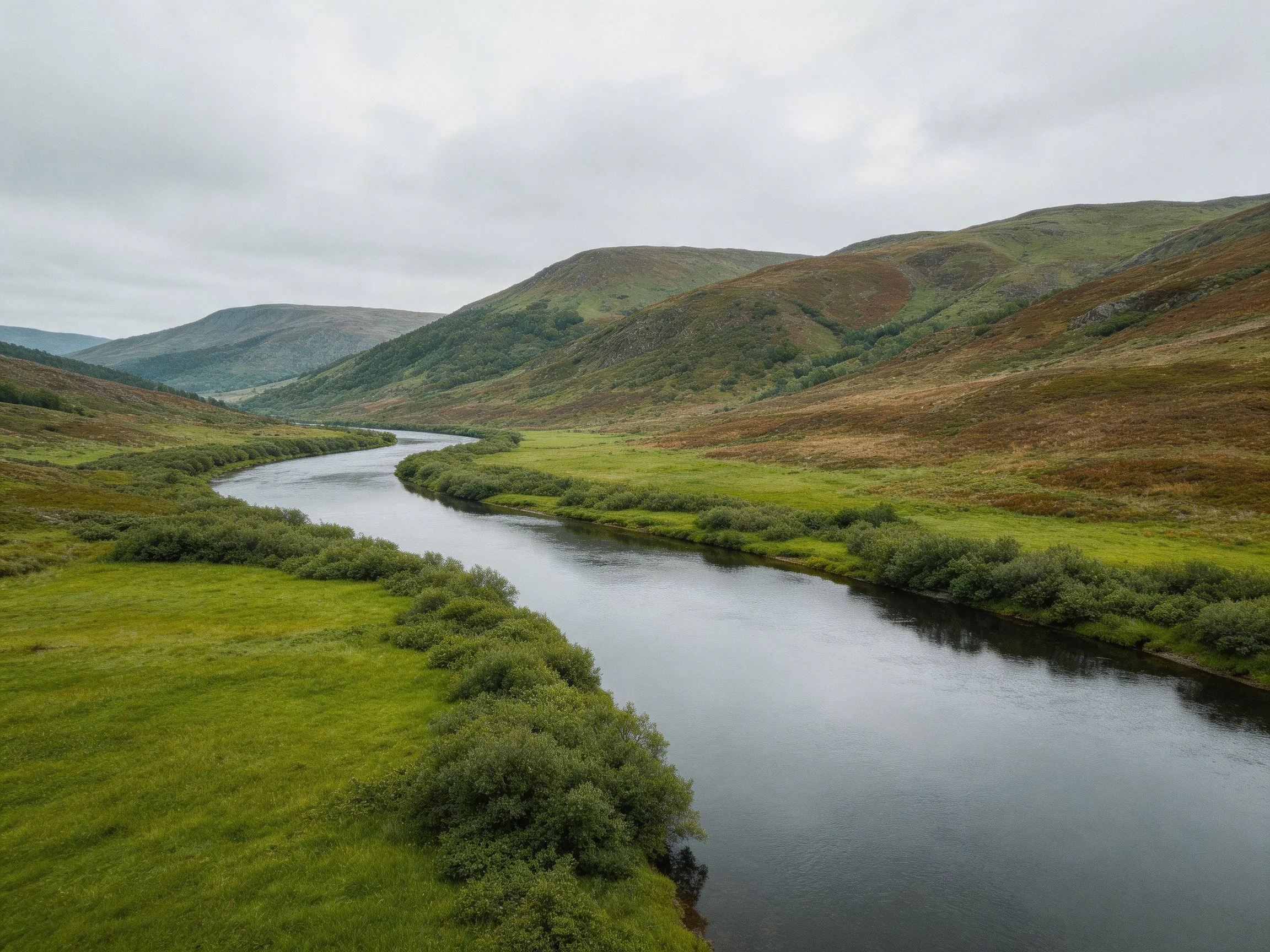 A winding river flows through lush green valleys and rolling brown hills under an overcast sky.
