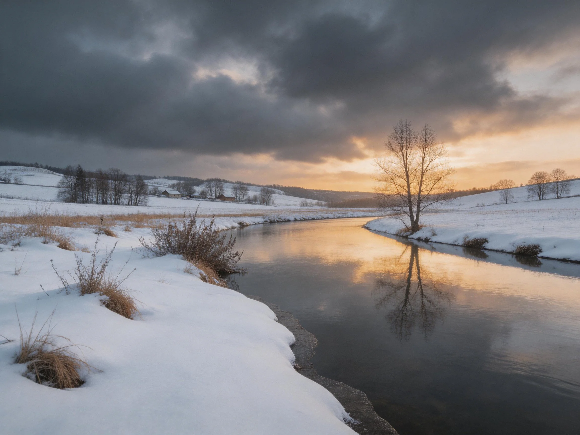 A winding river reflects a golden sunset amid snowy hills and bare trees