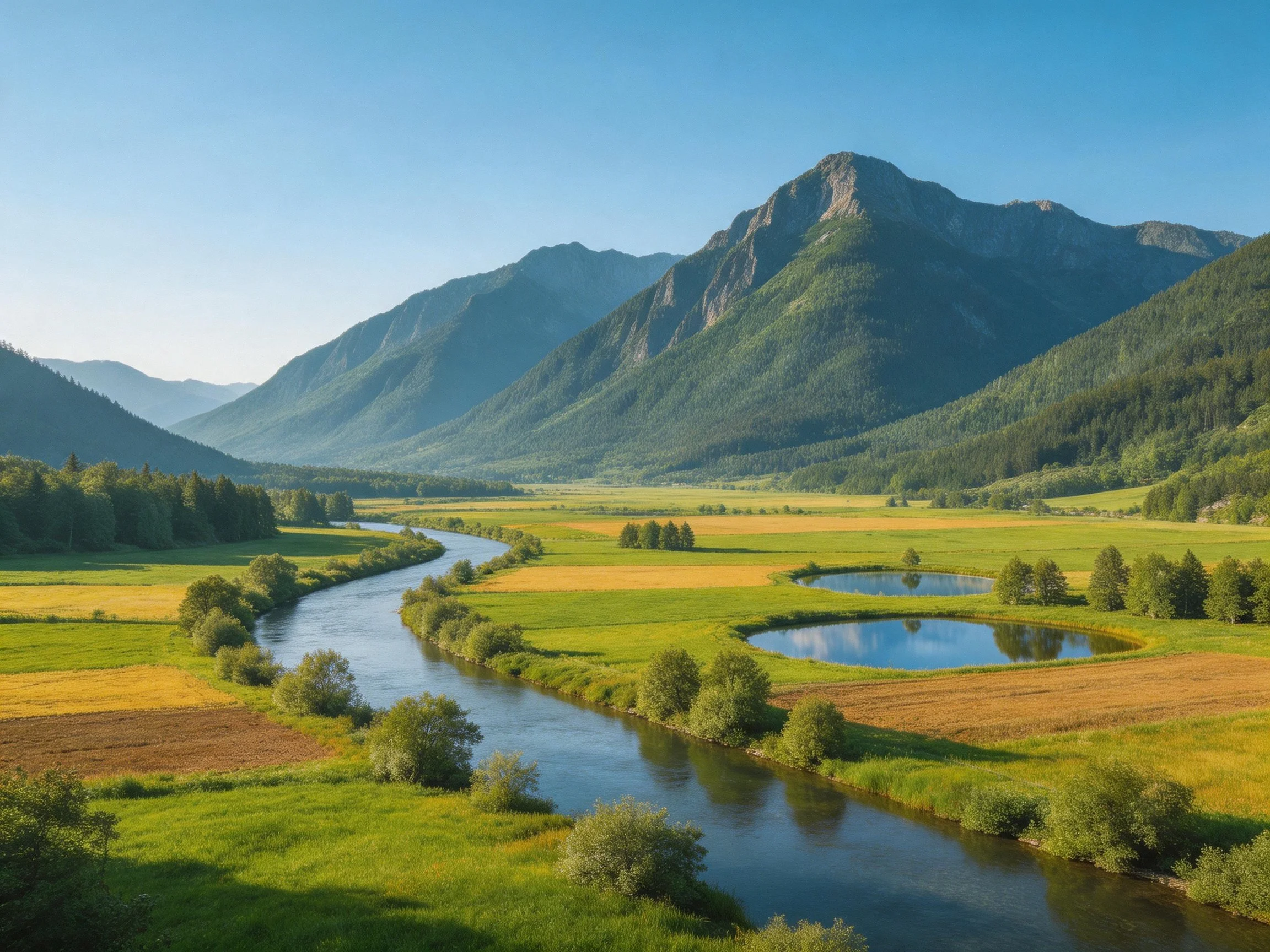A winding river winds through a lush valley beside forested mountains