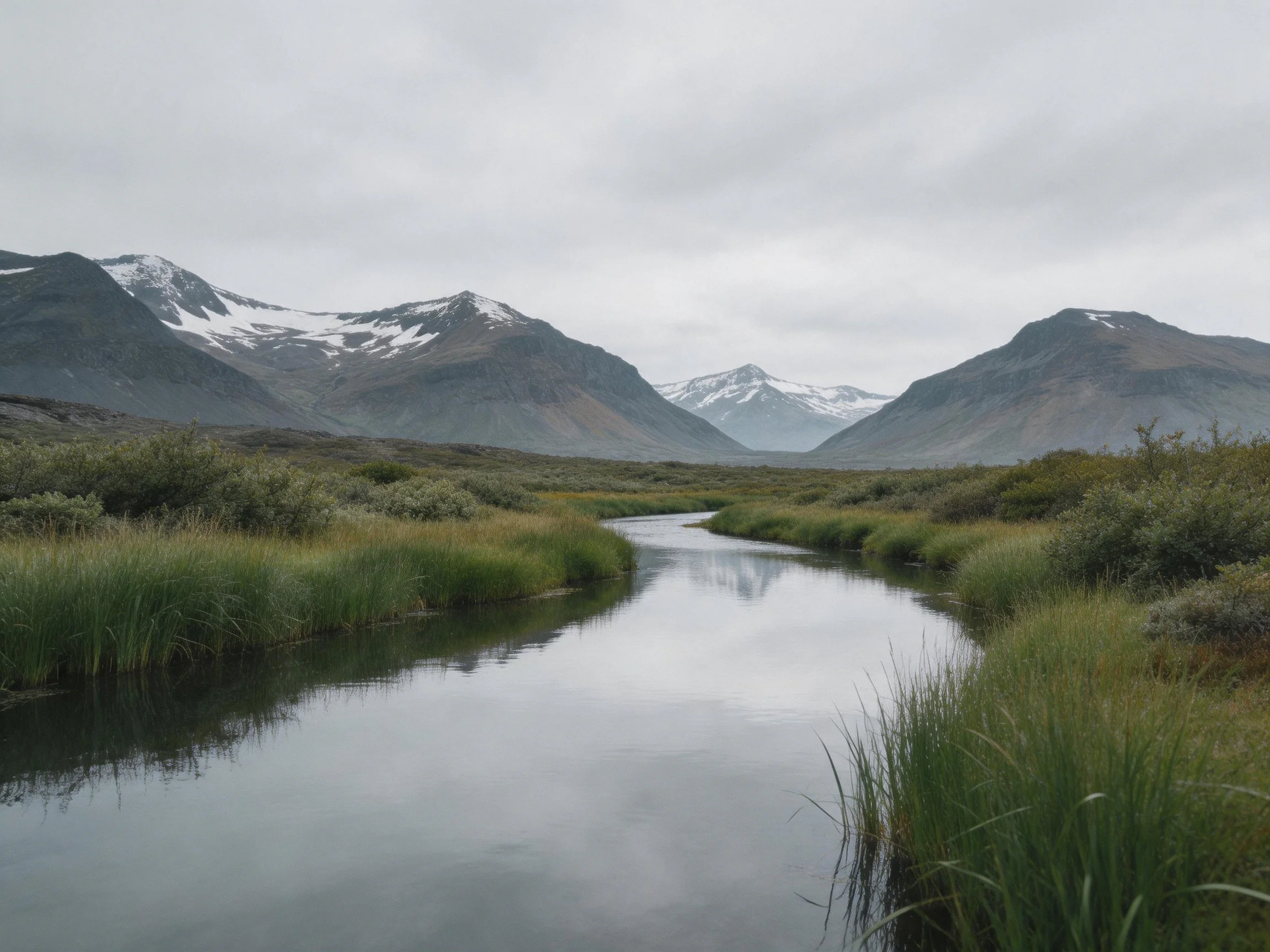 A winding river winds through lush greenery beside snow-dusted mountains