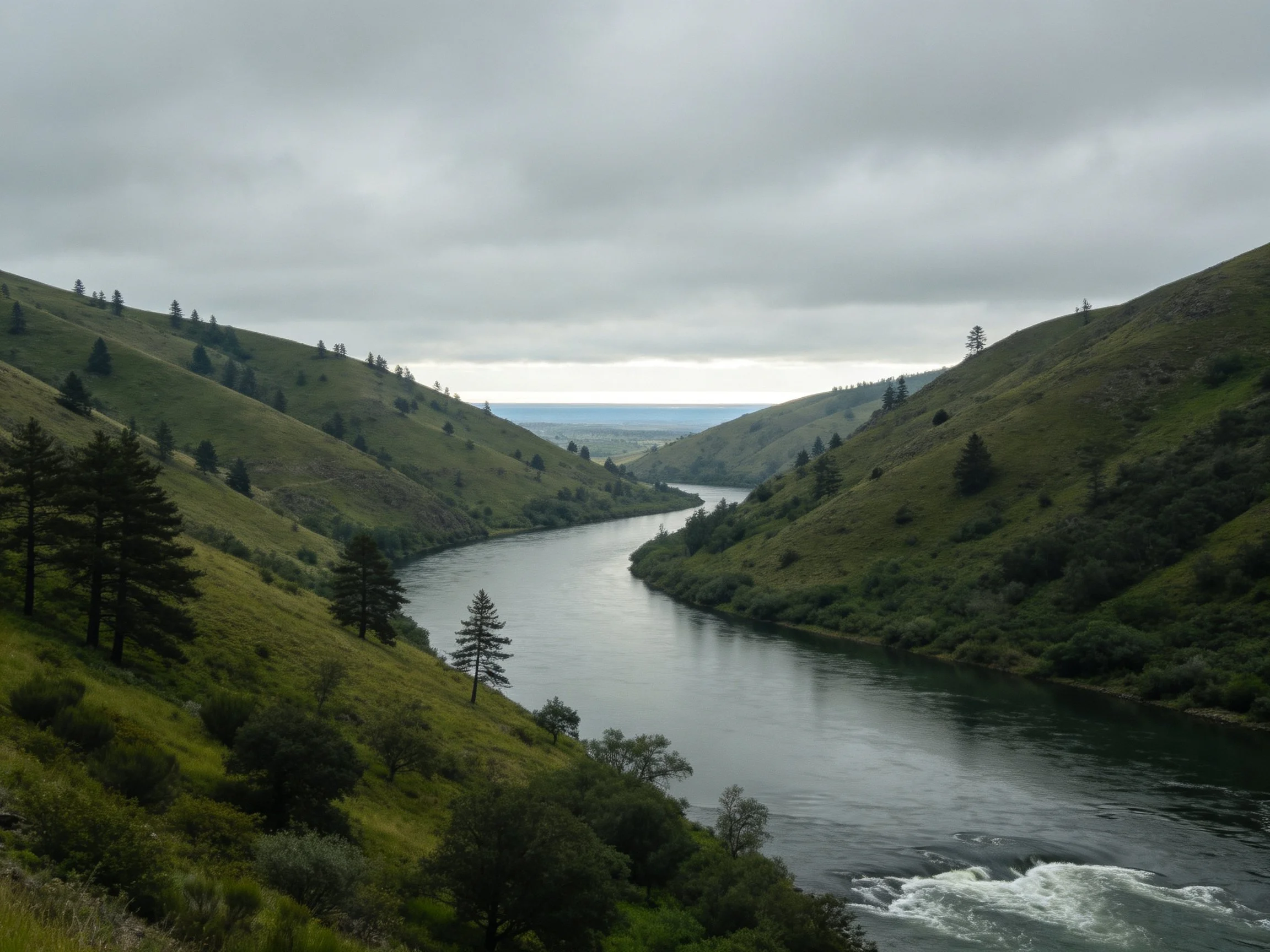 A winding river winds through verdant hills under overcast skies.