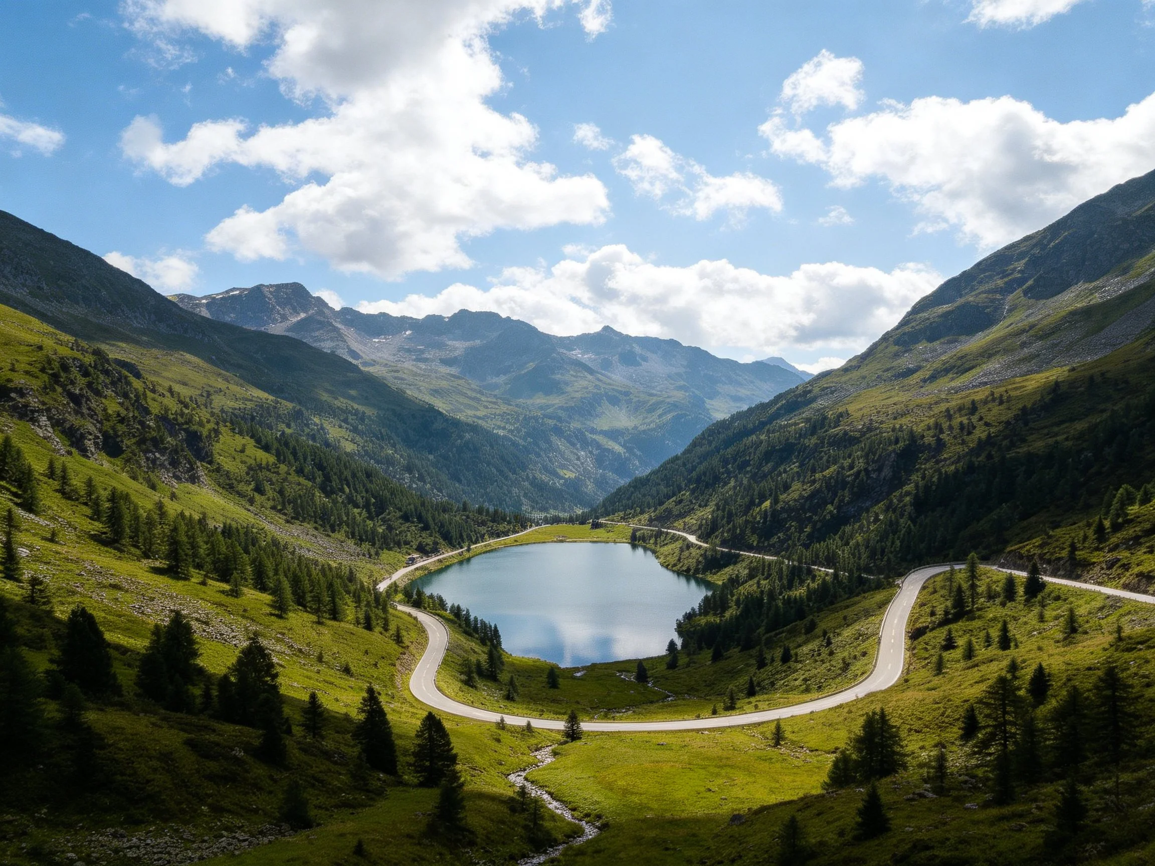 A winding road curves around a tranquil alpine lake between lush green mountains