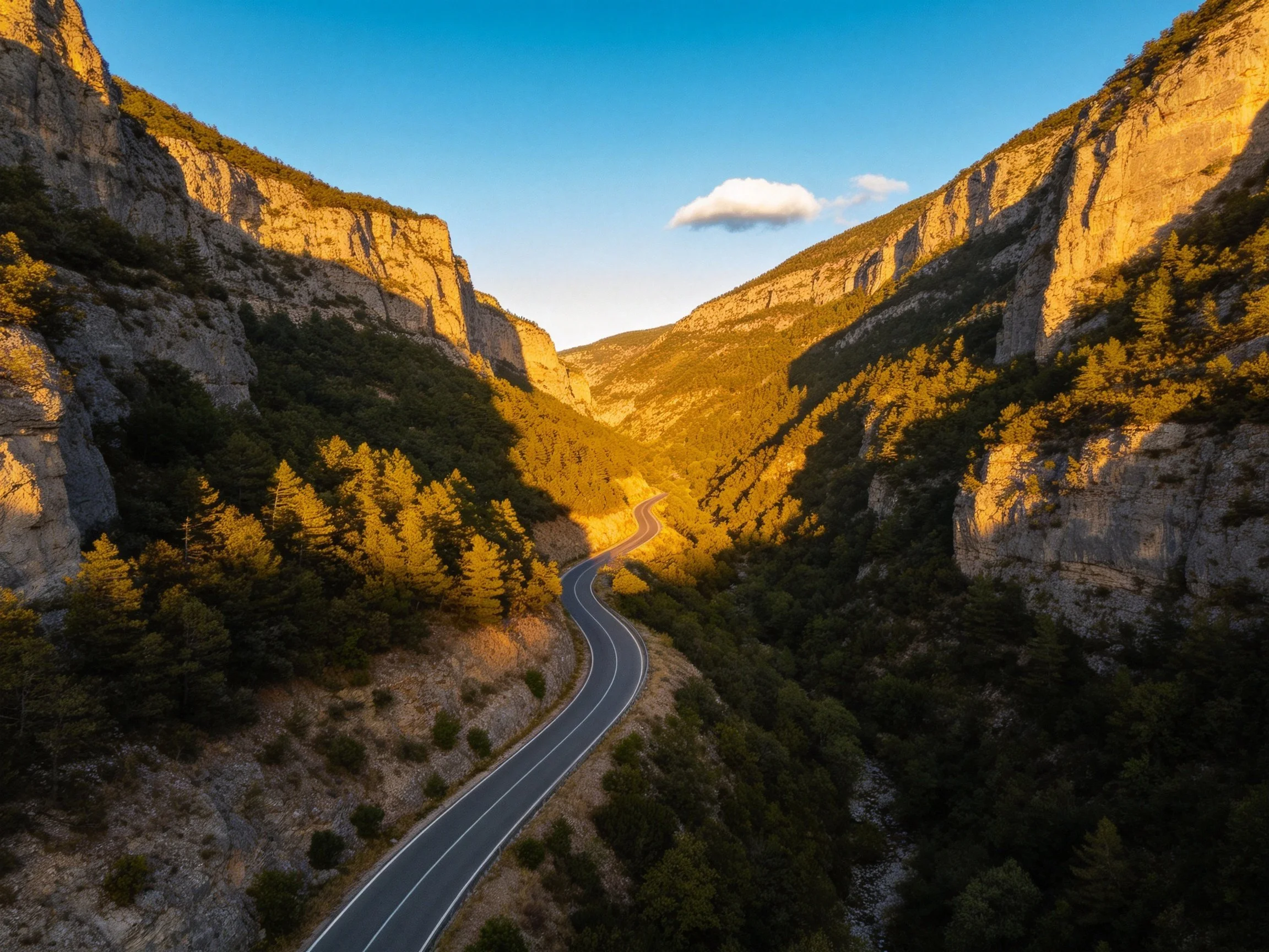A winding road cuts through a golden-lit mountain canyon with steep cliffs