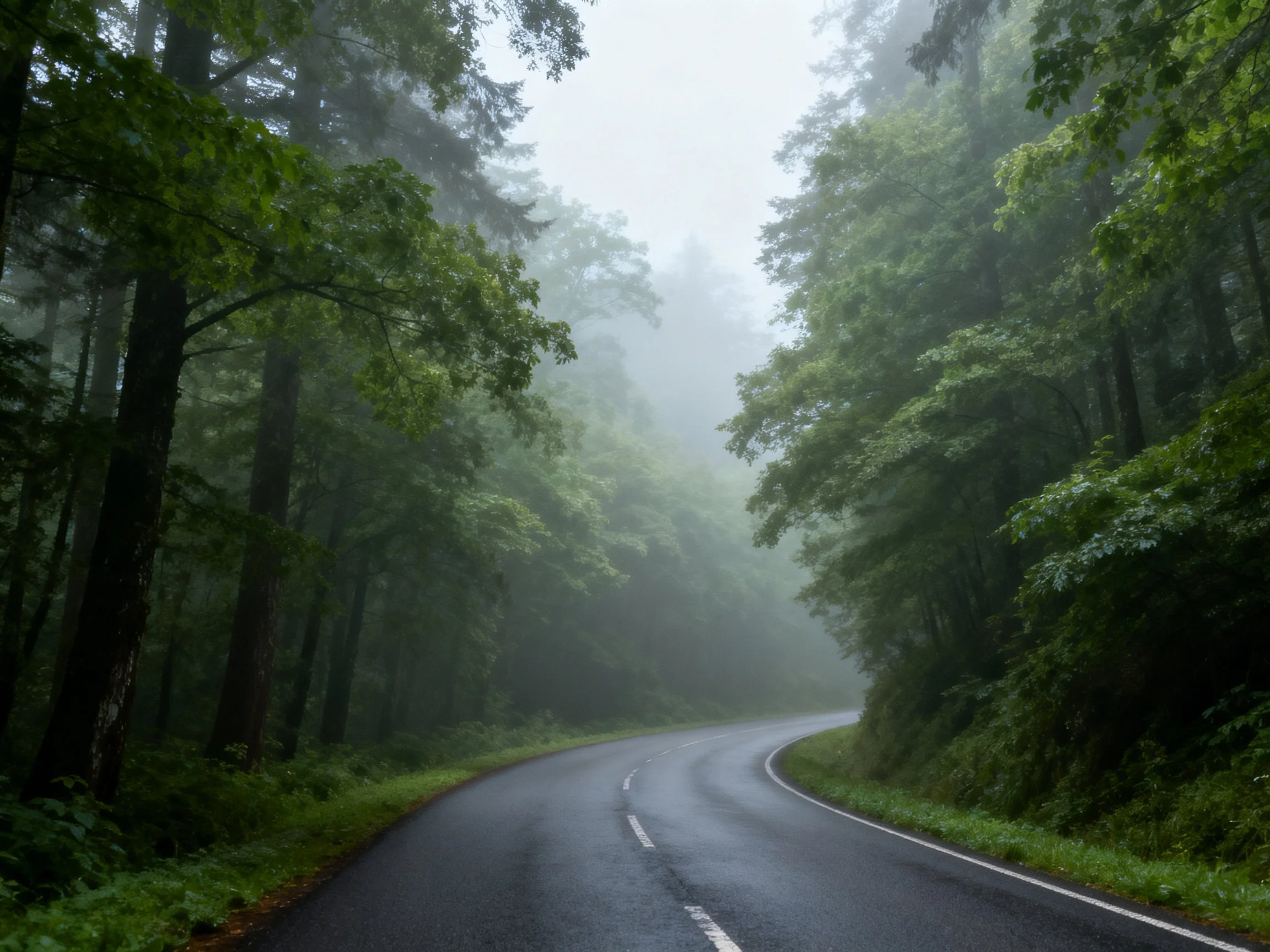 A winding road cuts through dense foggy forest with lush greenery.