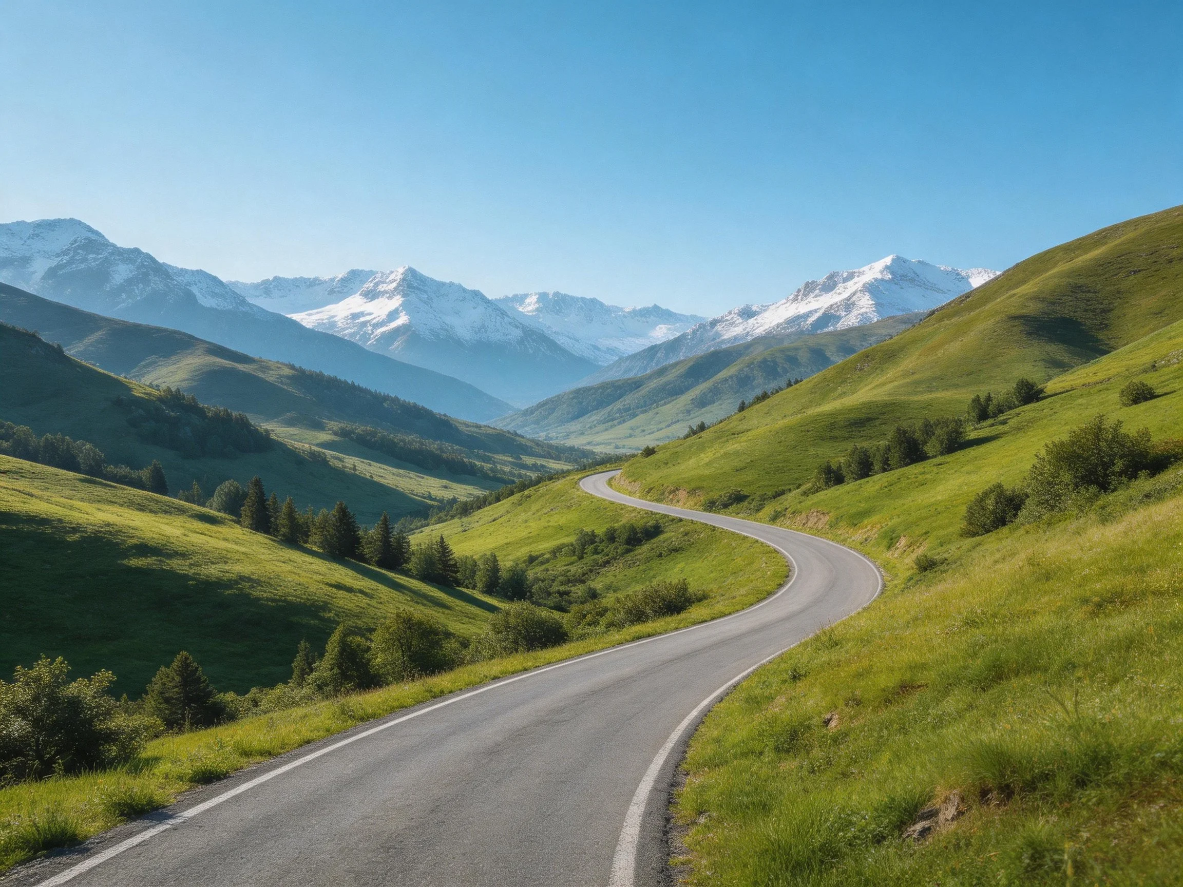 A winding road cuts through lush green hills toward snow-capped mountains