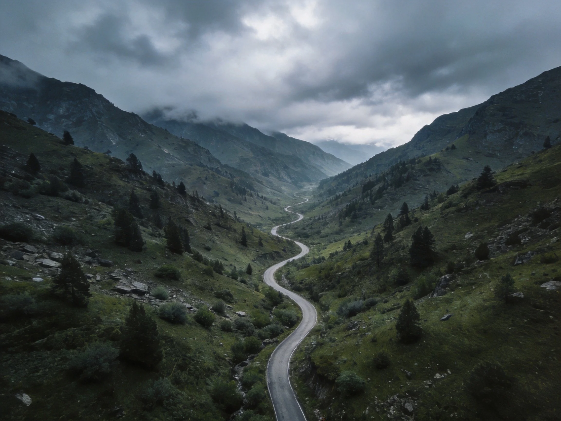 A winding road cuts through verdant mountain valleys under dark stormy skies