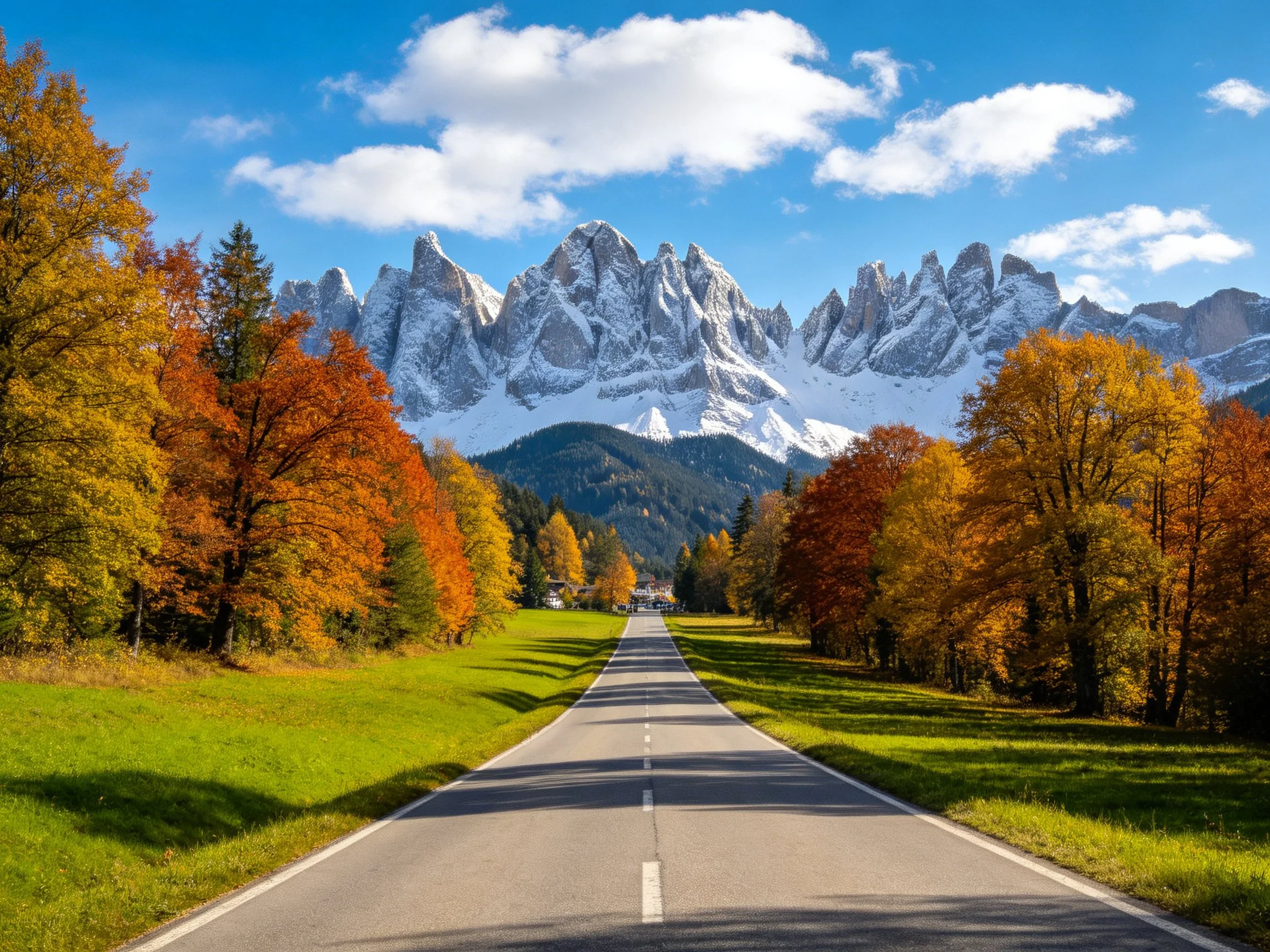 A winding road flanked by autumn-colored trees leads toward snow-capped mountains