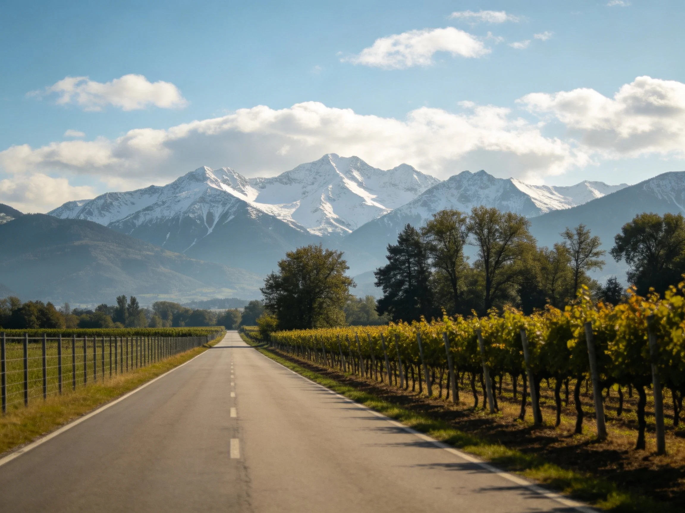 A winding road flanked by vineyards leads toward snow-capped mountains