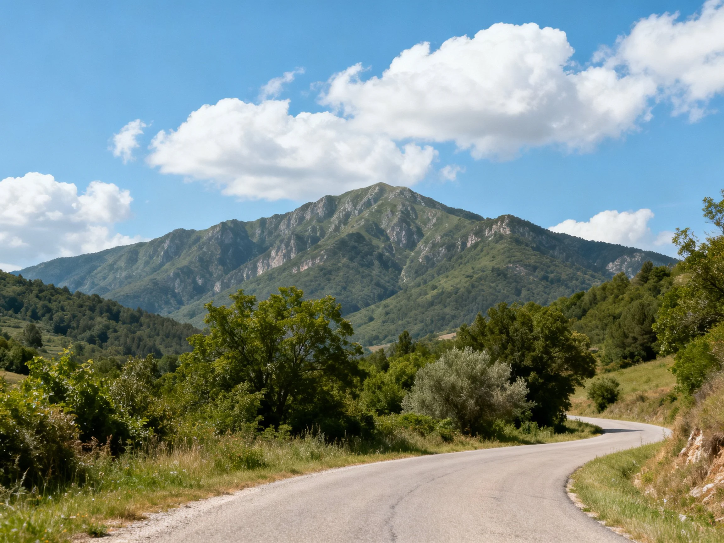 A winding road leads toward a lush green mountain under bright blue skies