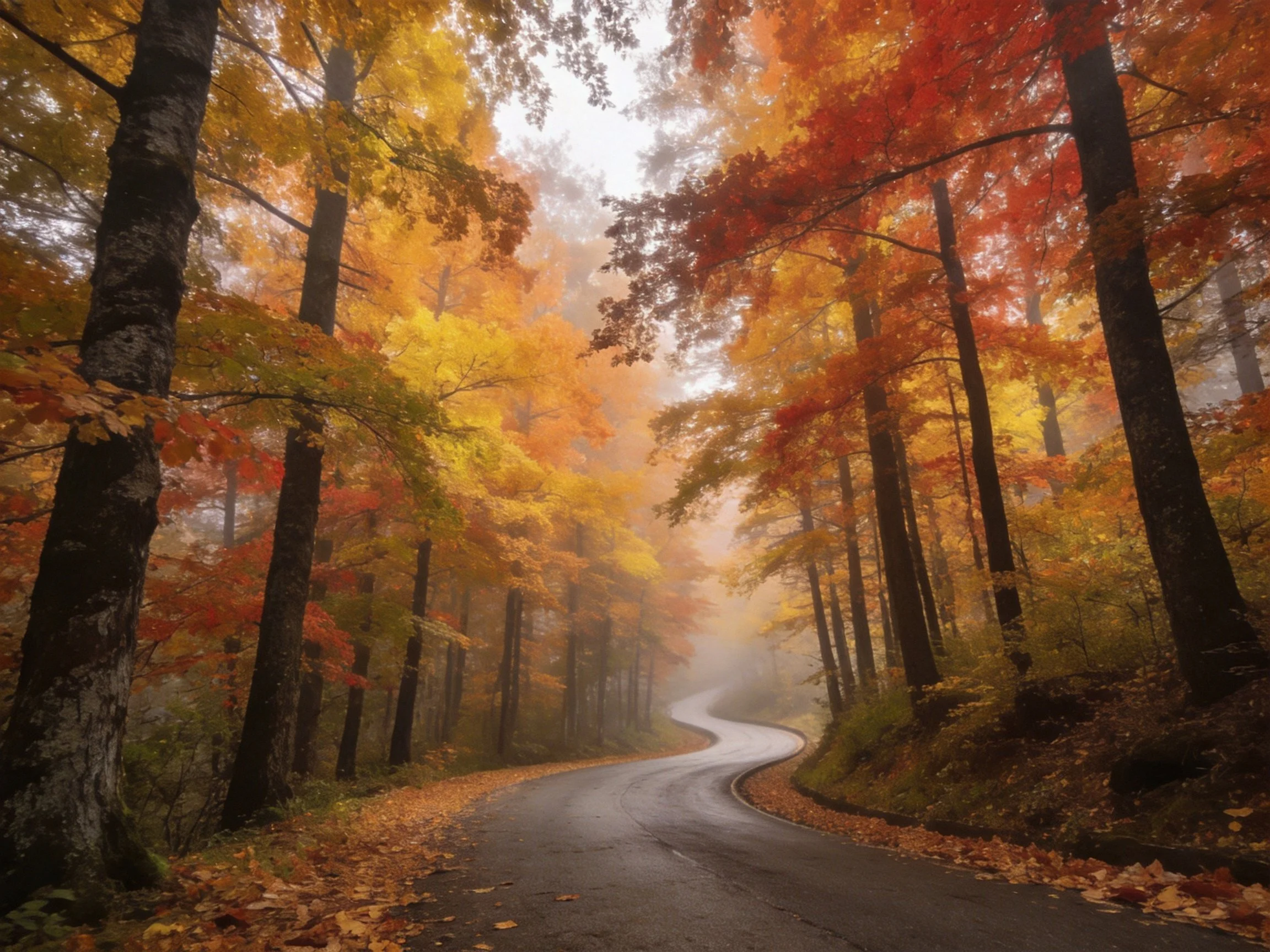 A winding road through a misty autumn forest with colorful foliage