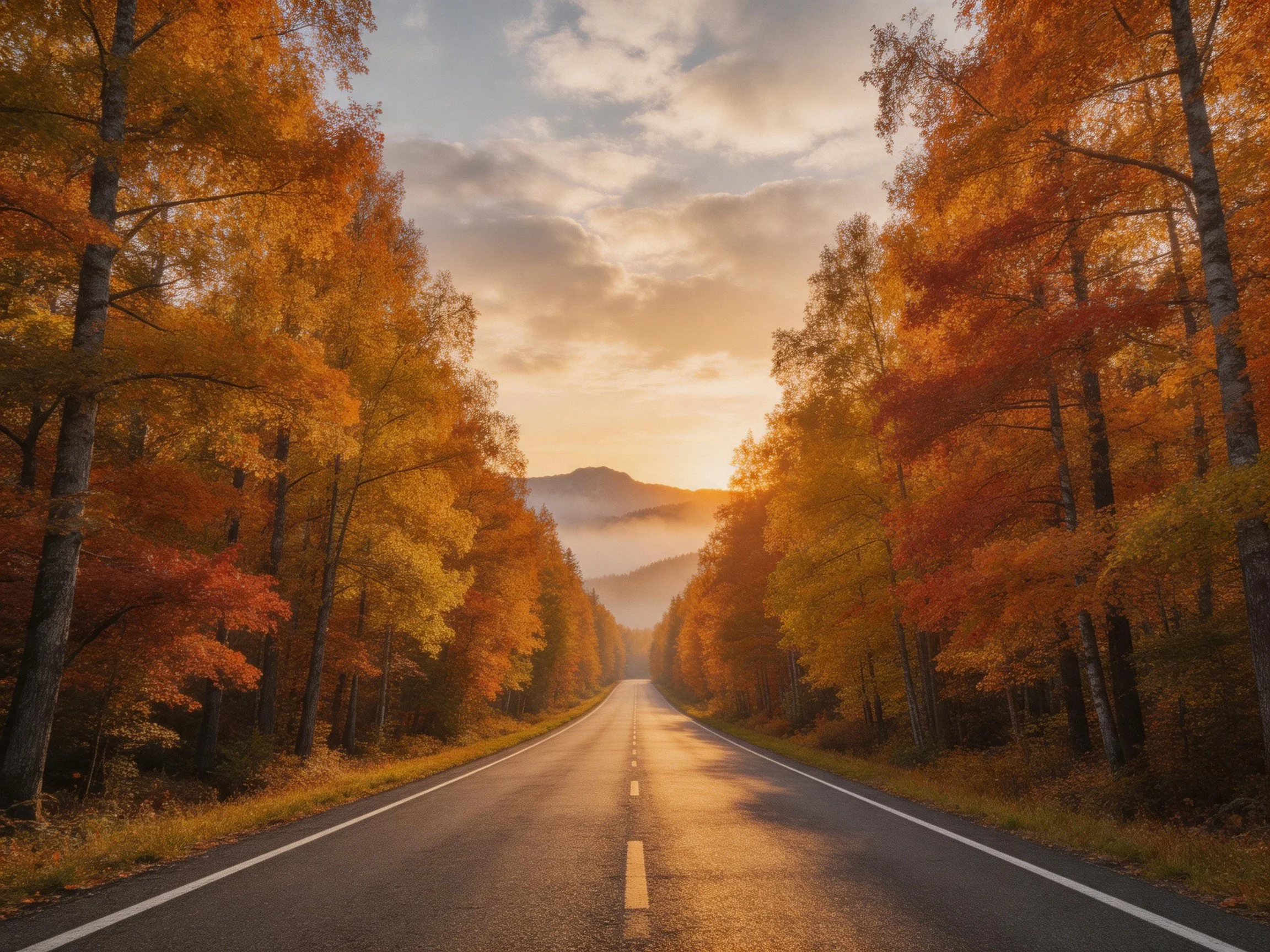 A winding road through vibrant autumn forest at golden hour