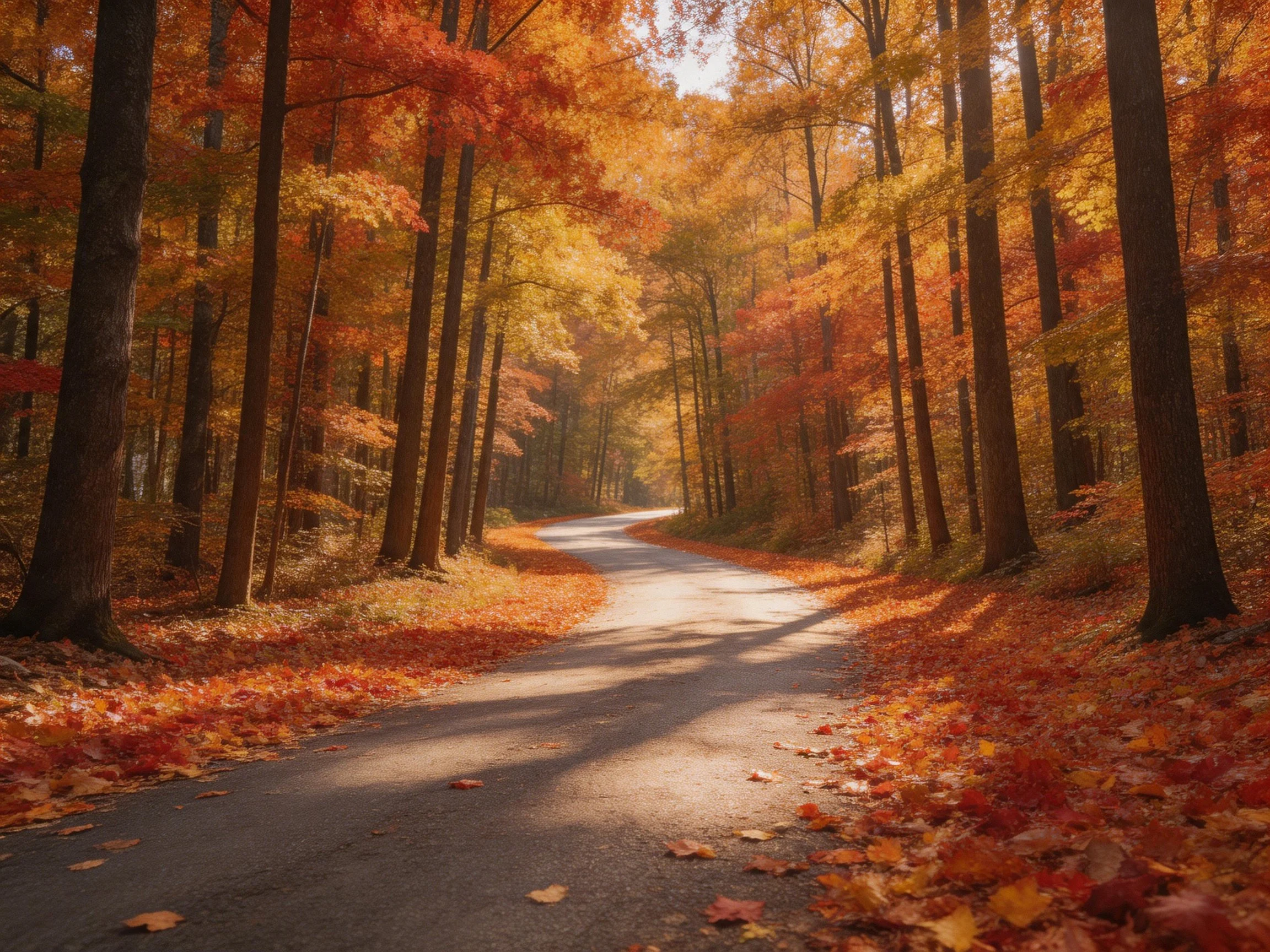 A winding road through vibrant fall forest with orange and yellow foliage