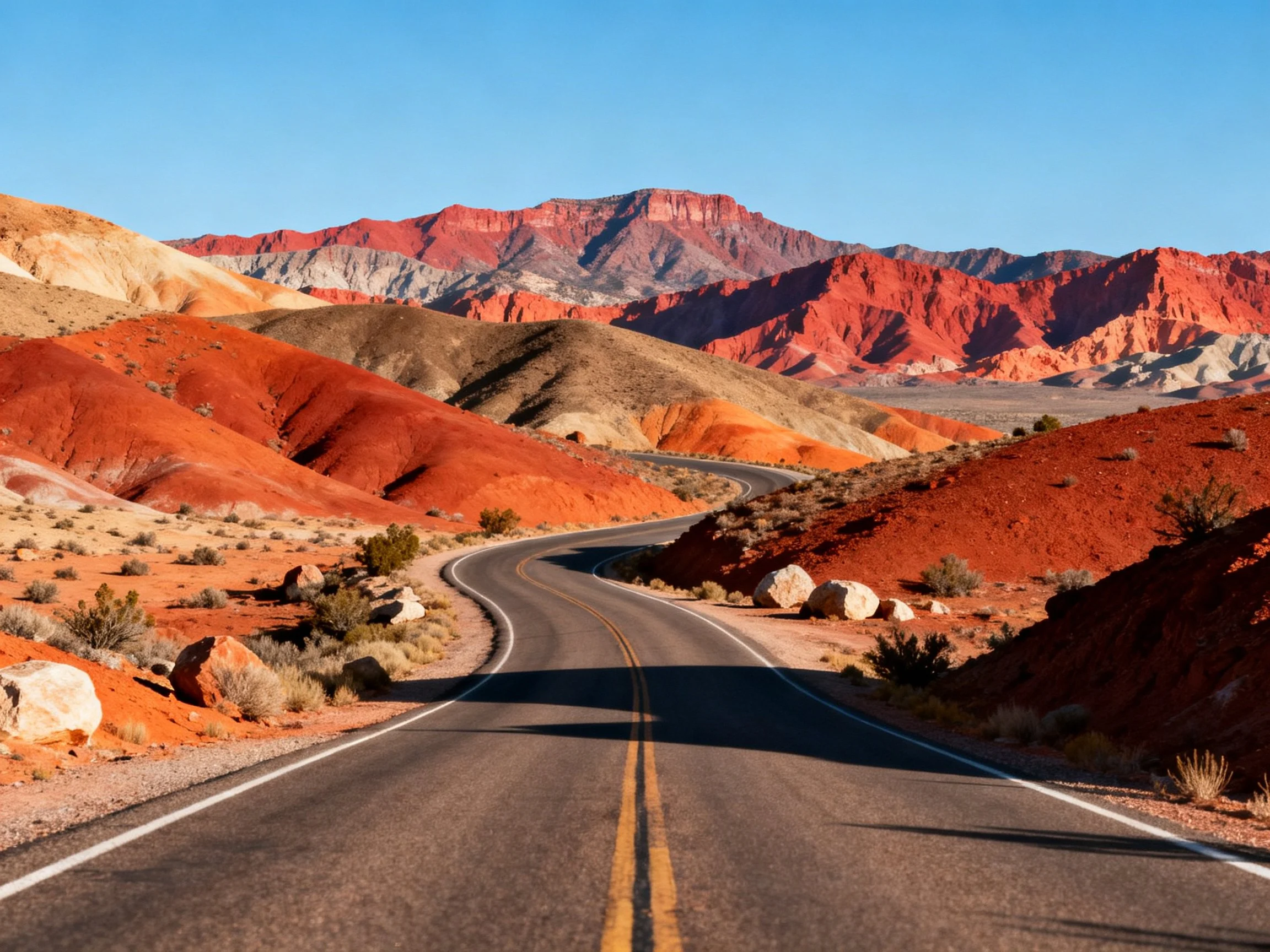 A winding road through vibrant multicolored desert mountains
