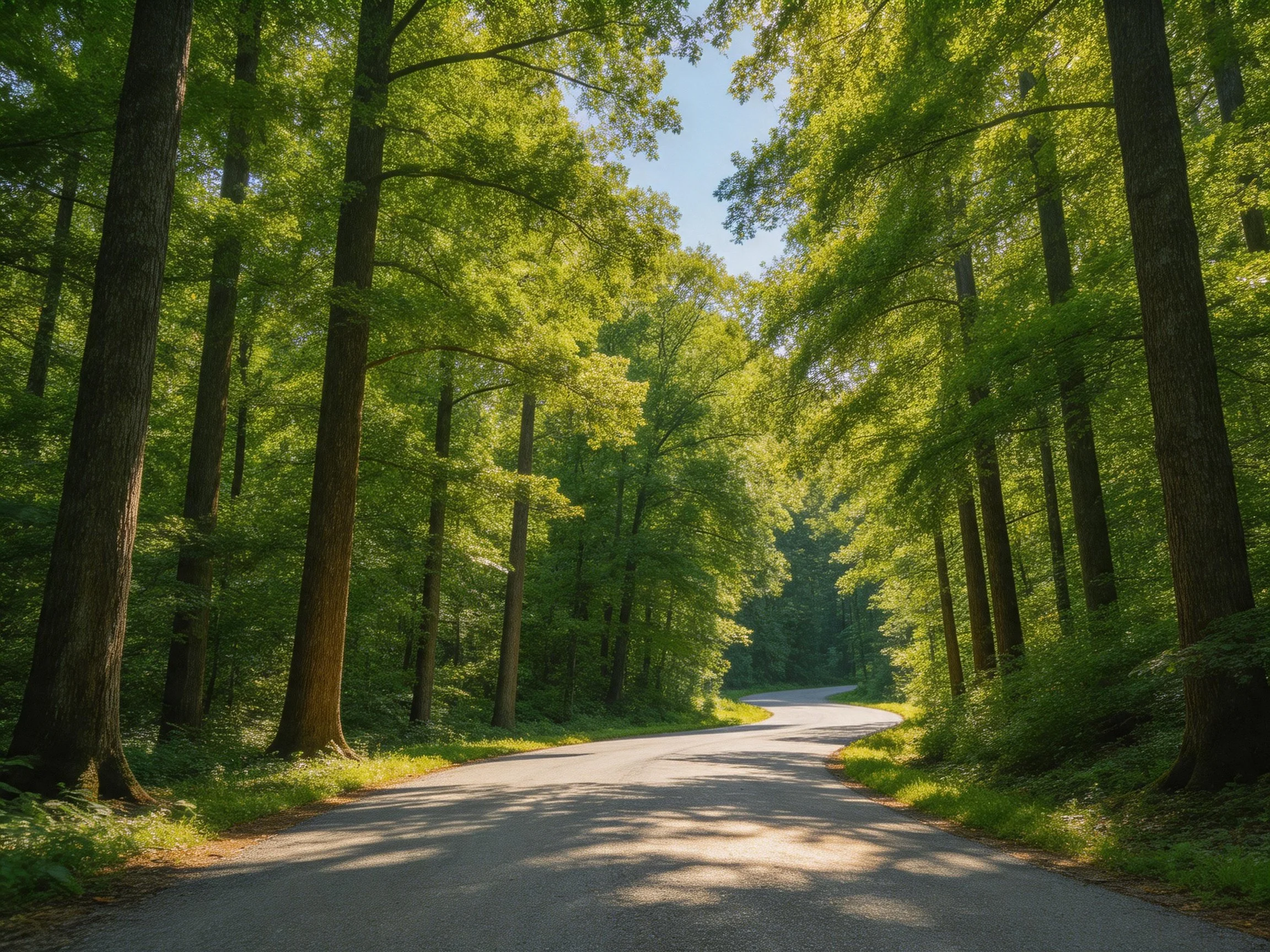 A winding road winds through a lush forest of tall green trees with sunlight filtering