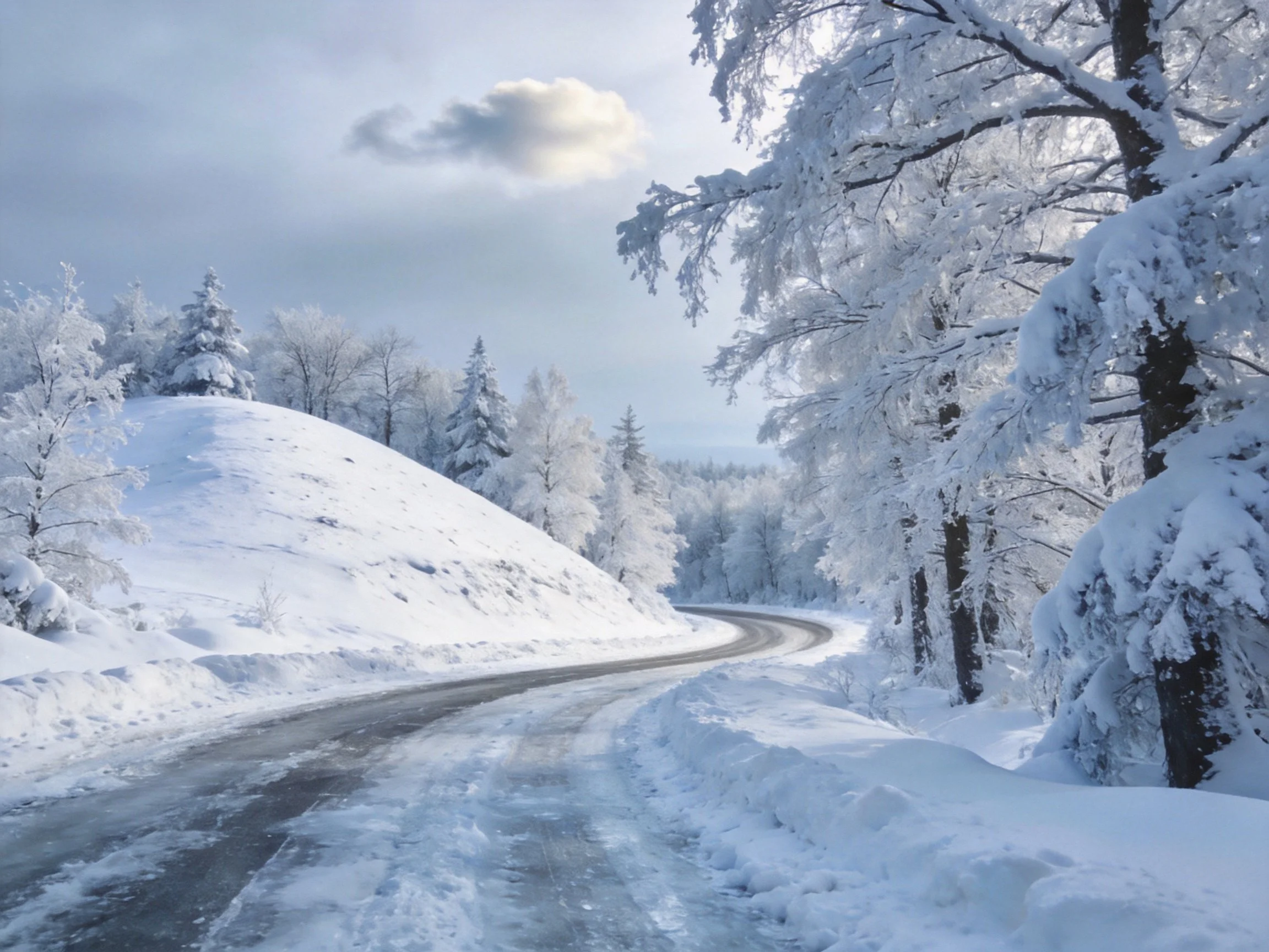 A winding road winds through a snow-covered forest with frosty trees