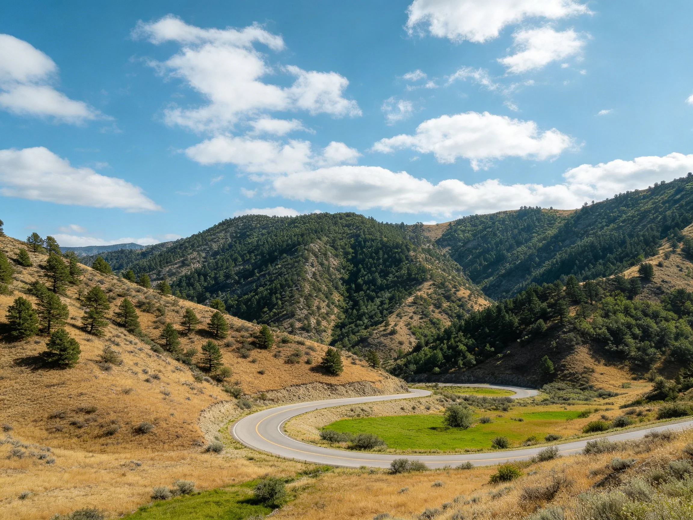 A winding road winds through forested mountain valleys under sunny skies.