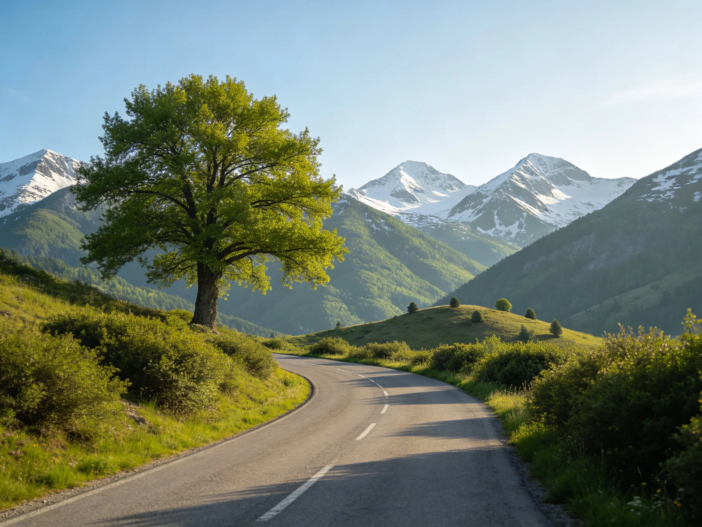 A winding road with a large green tree near snow-capped mountains
