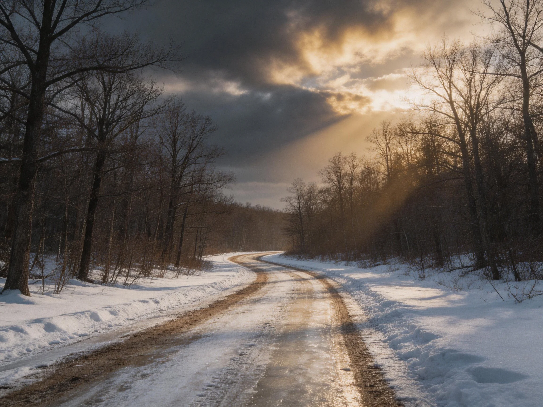A winding snow-covered road with bare trees and golden sunlight