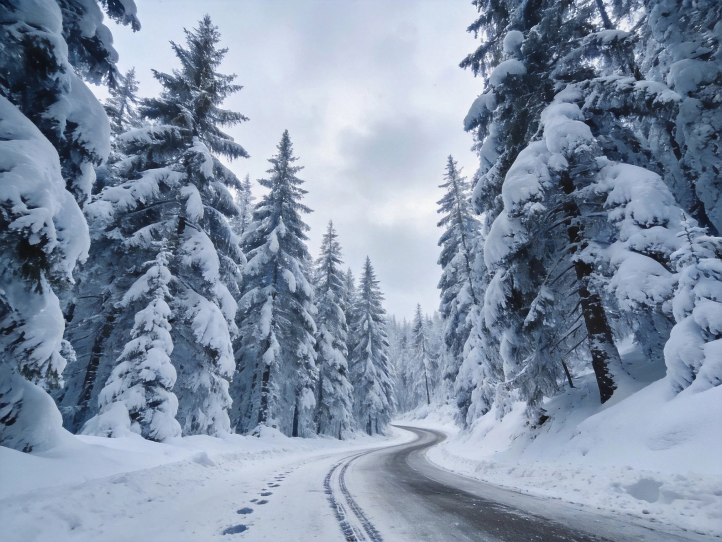 A winding snowy road runs through a forest of snow-covered evergreen trees