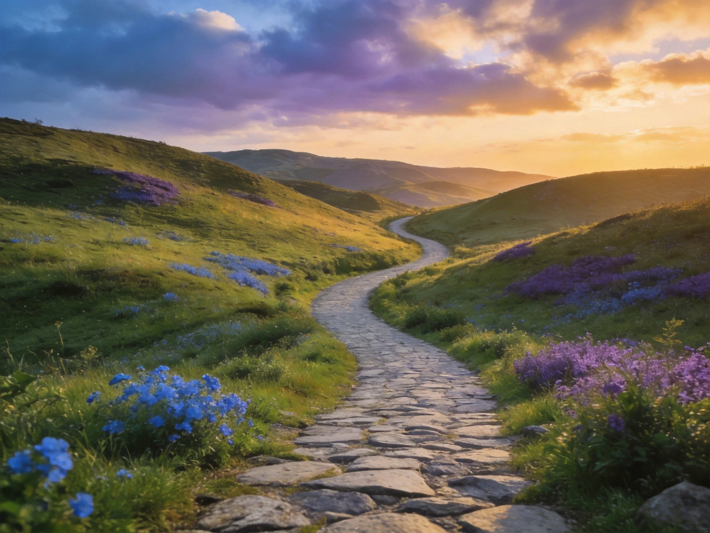 A winding stone path through green hills with blue and purple wildflowers under sunset skies