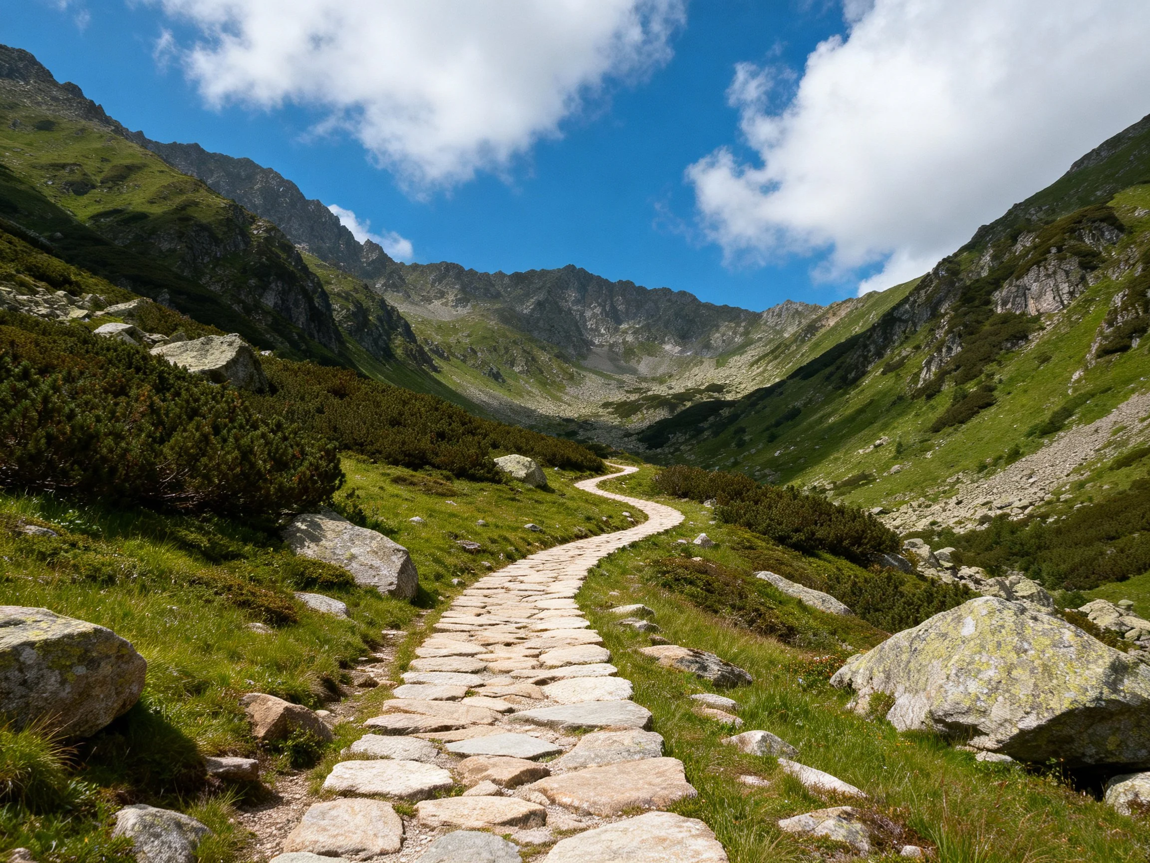 A winding stone path through lush green mountain valleys