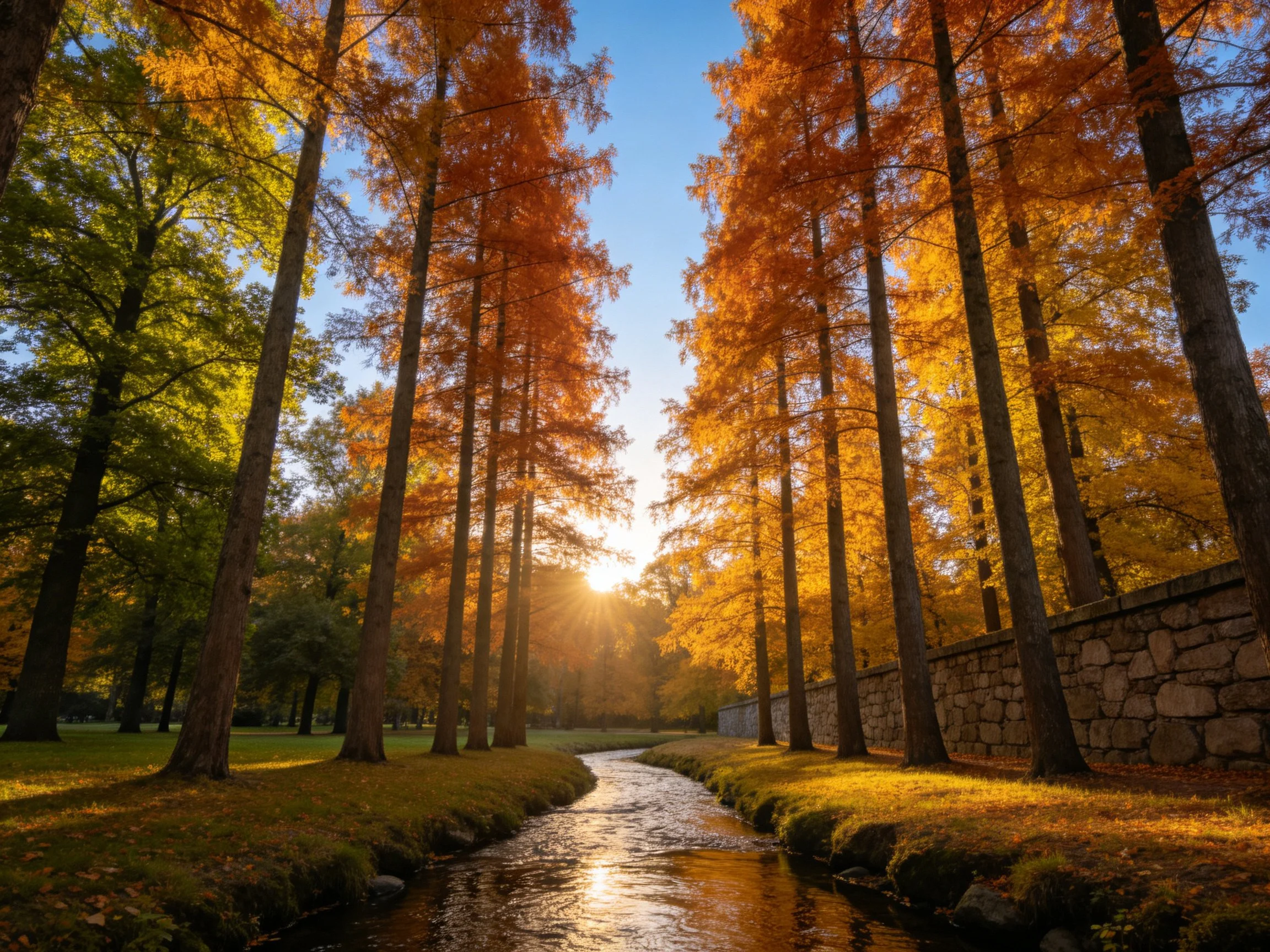 A winding stream flows between tall golden-orange trees and a stone wall under bright sunlight