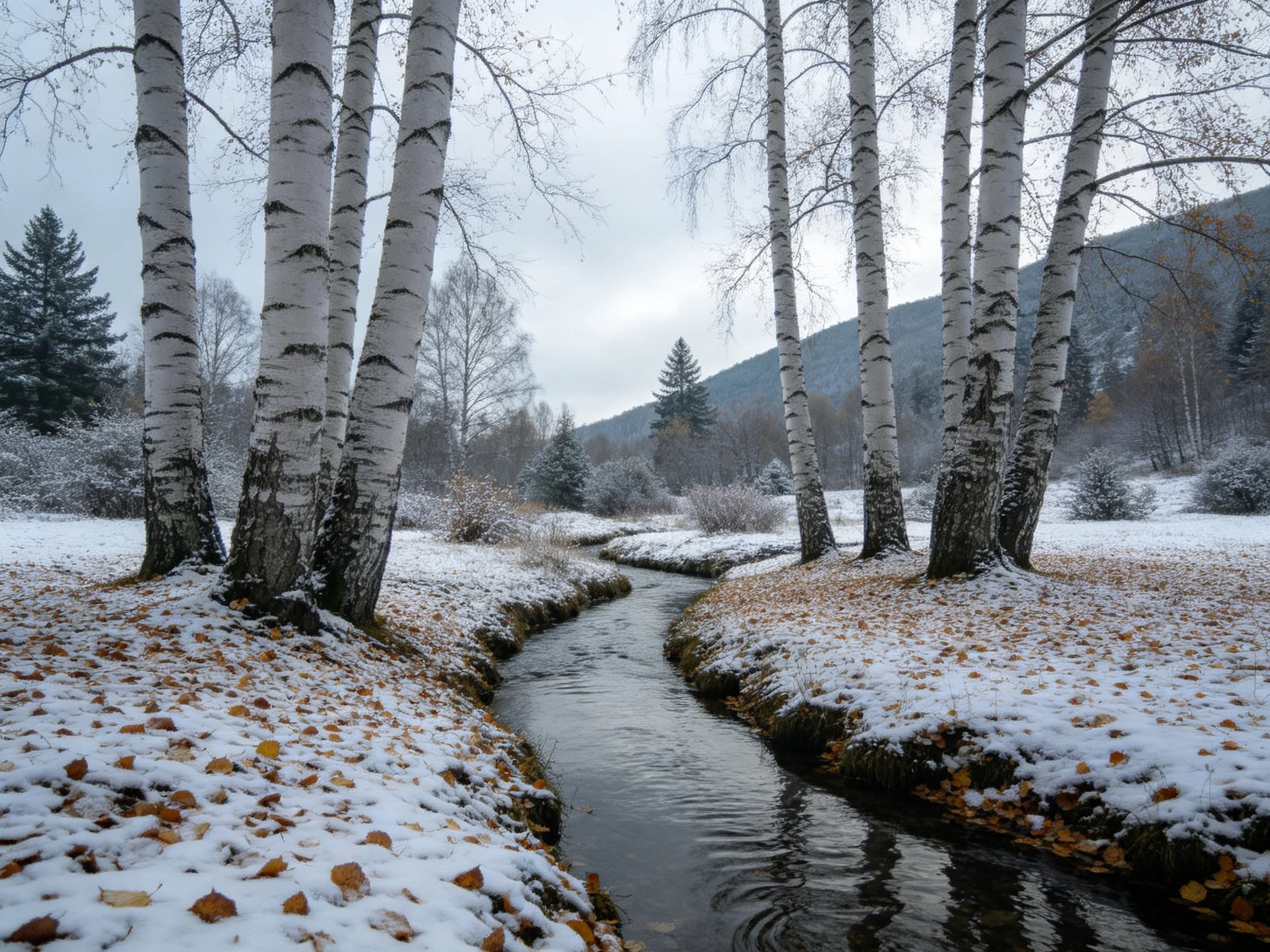 A winding stream flows through a snowy landscape with birch trees and scattered leaves