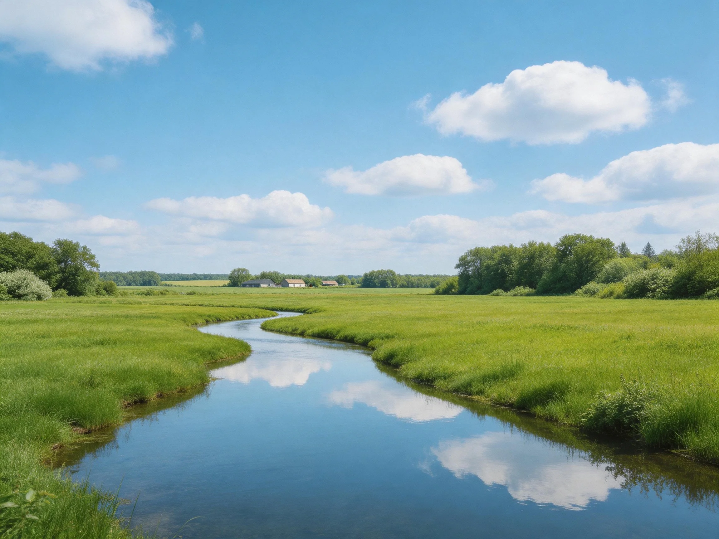 A winding stream flows through lush green meadows under bright blue skies