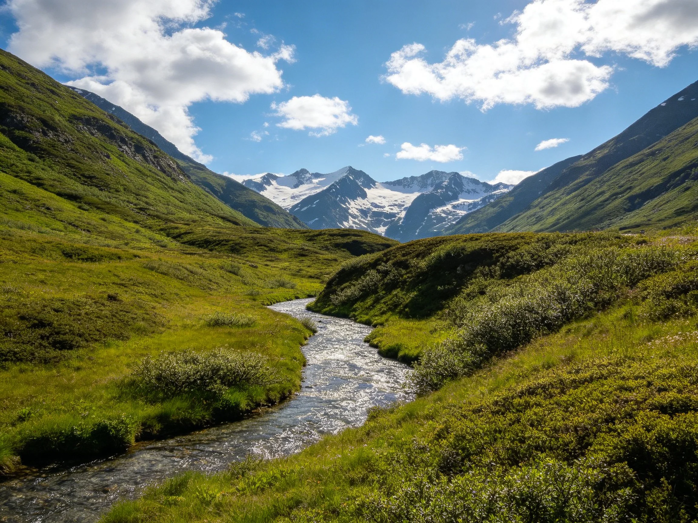 A winding stream flows through lush green valleys toward snow-capped mountains