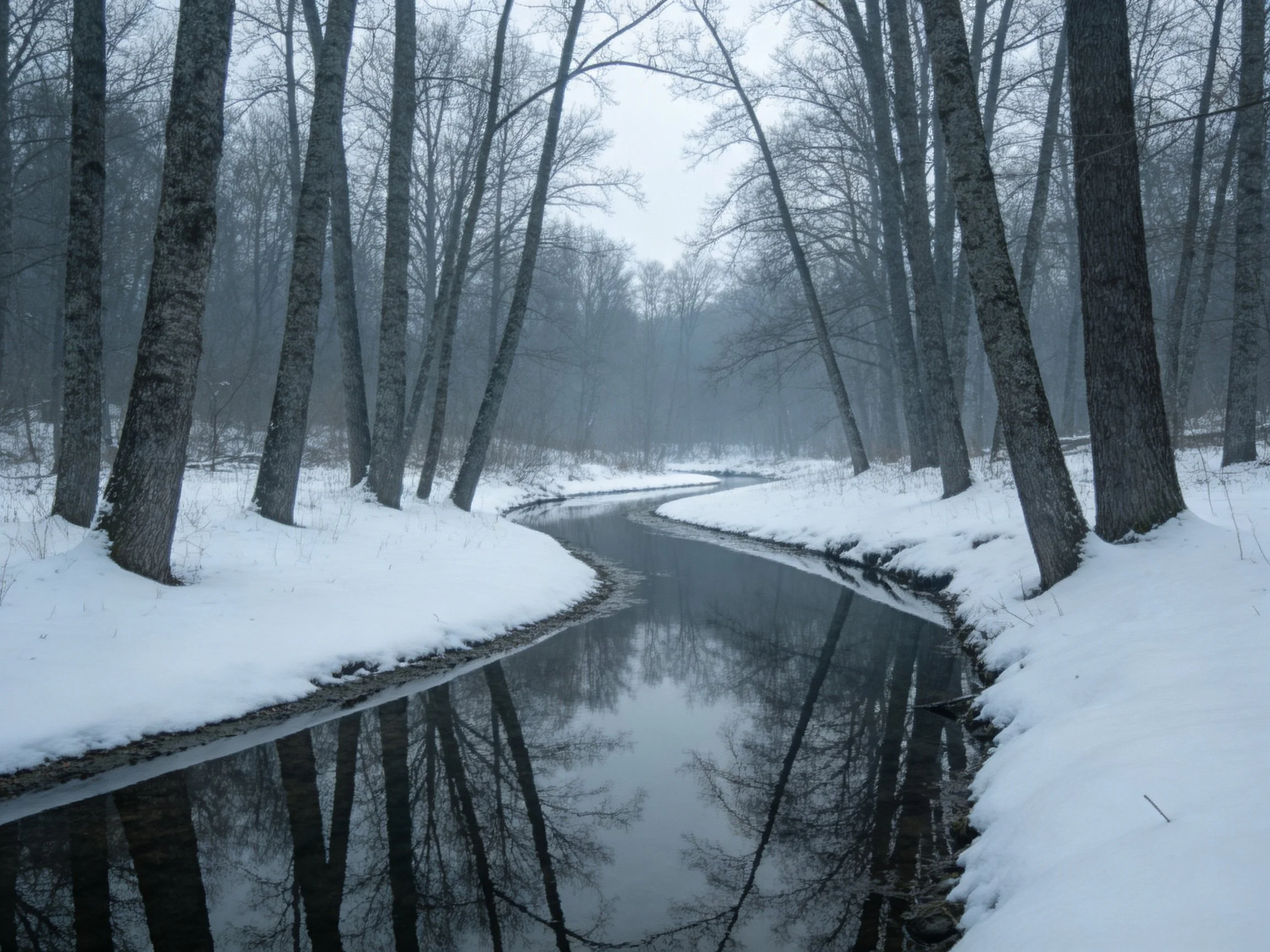 A winding stream reflects bare trees in a snow - covered forest