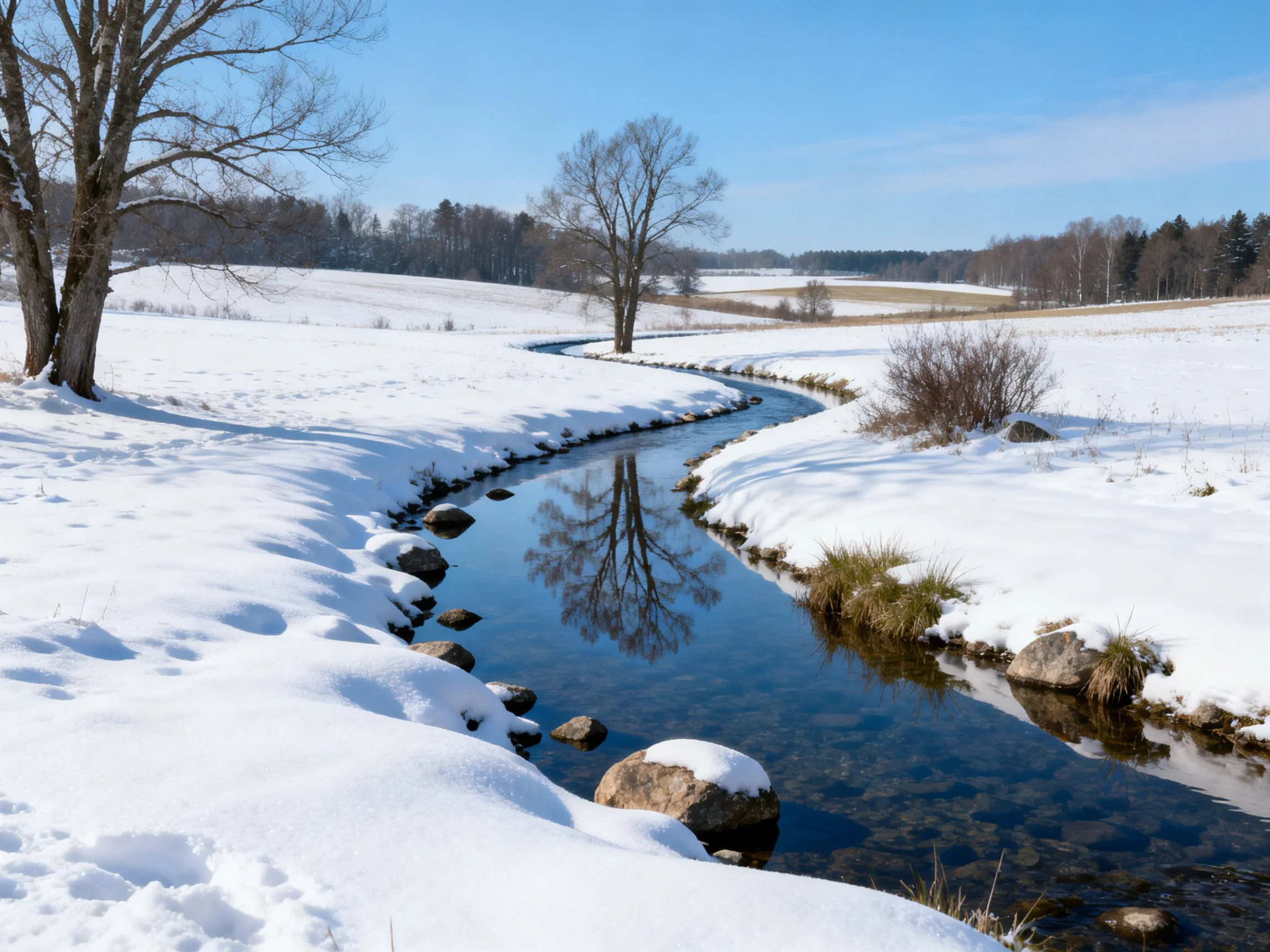 A winding stream reflects bare trees in snow - covered fields