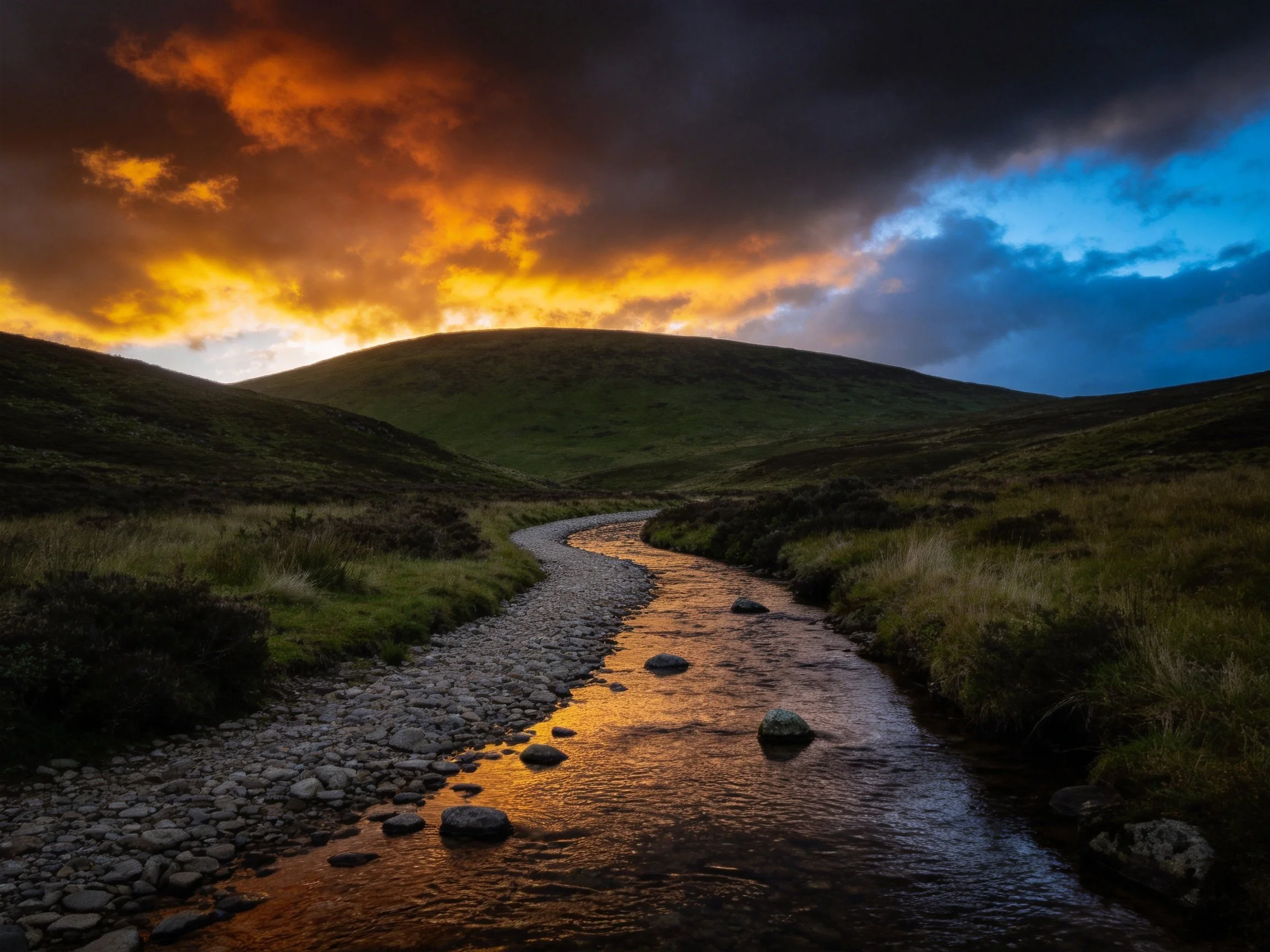 A winding stream reflects fiery sunset hues amid rolling green hills