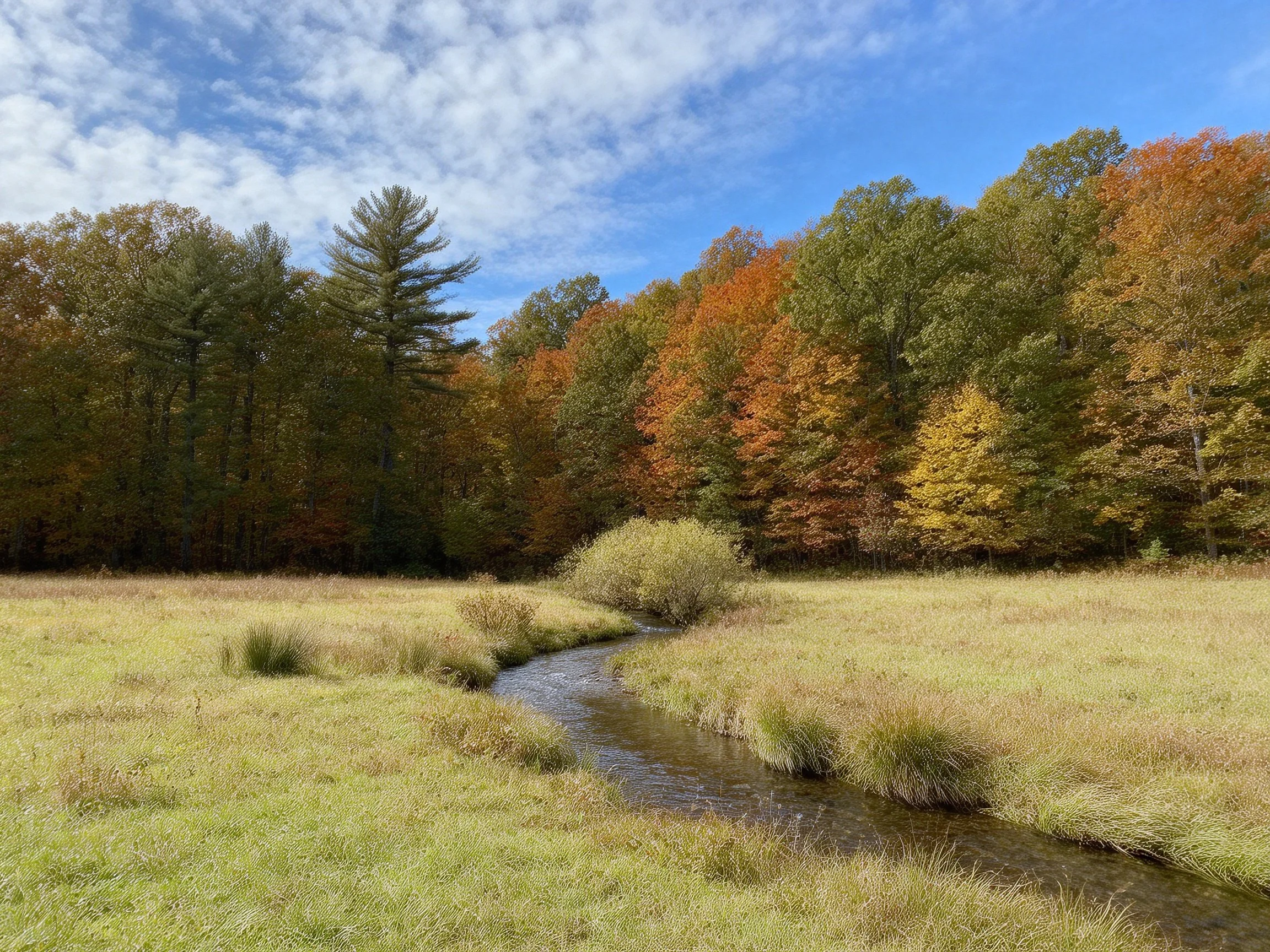 A winding stream winds through golden meadow near autumn forest