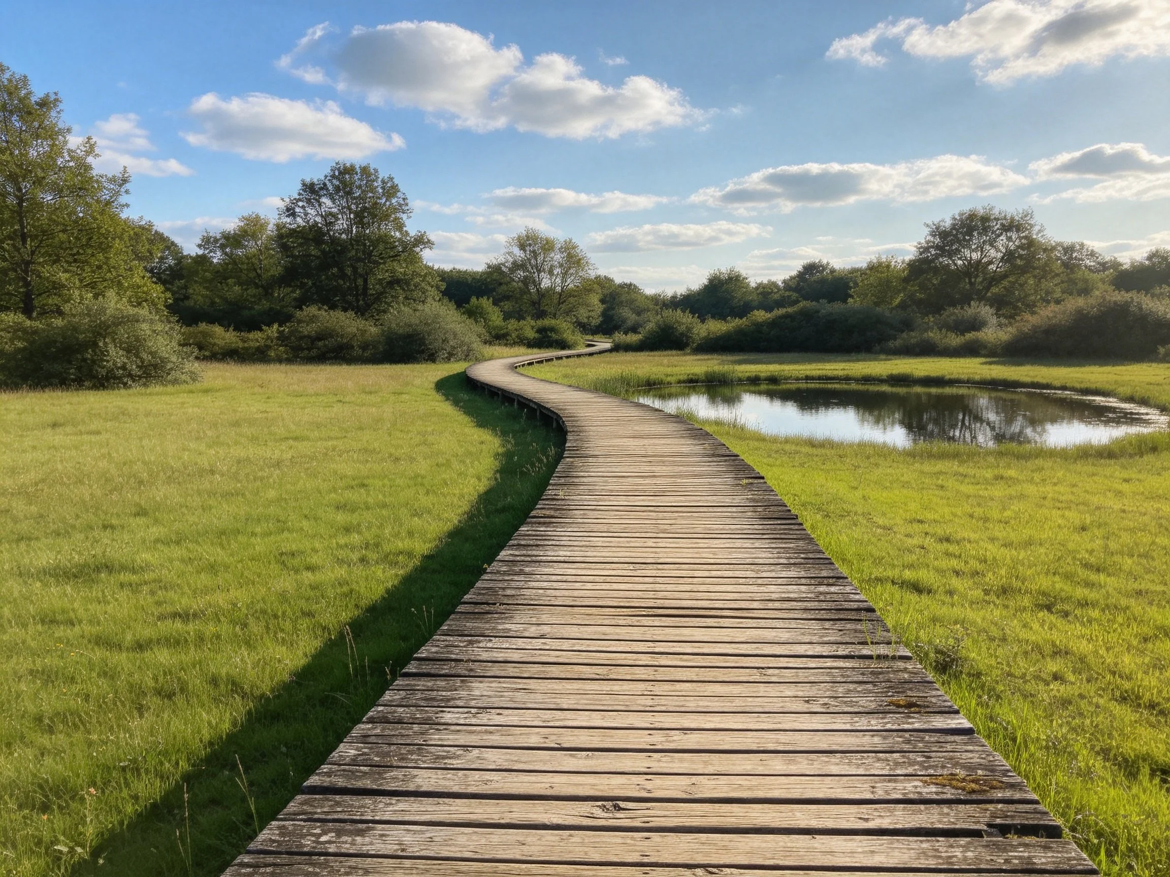 A winding wooden boardwalk through lush green meadows near a calm pond