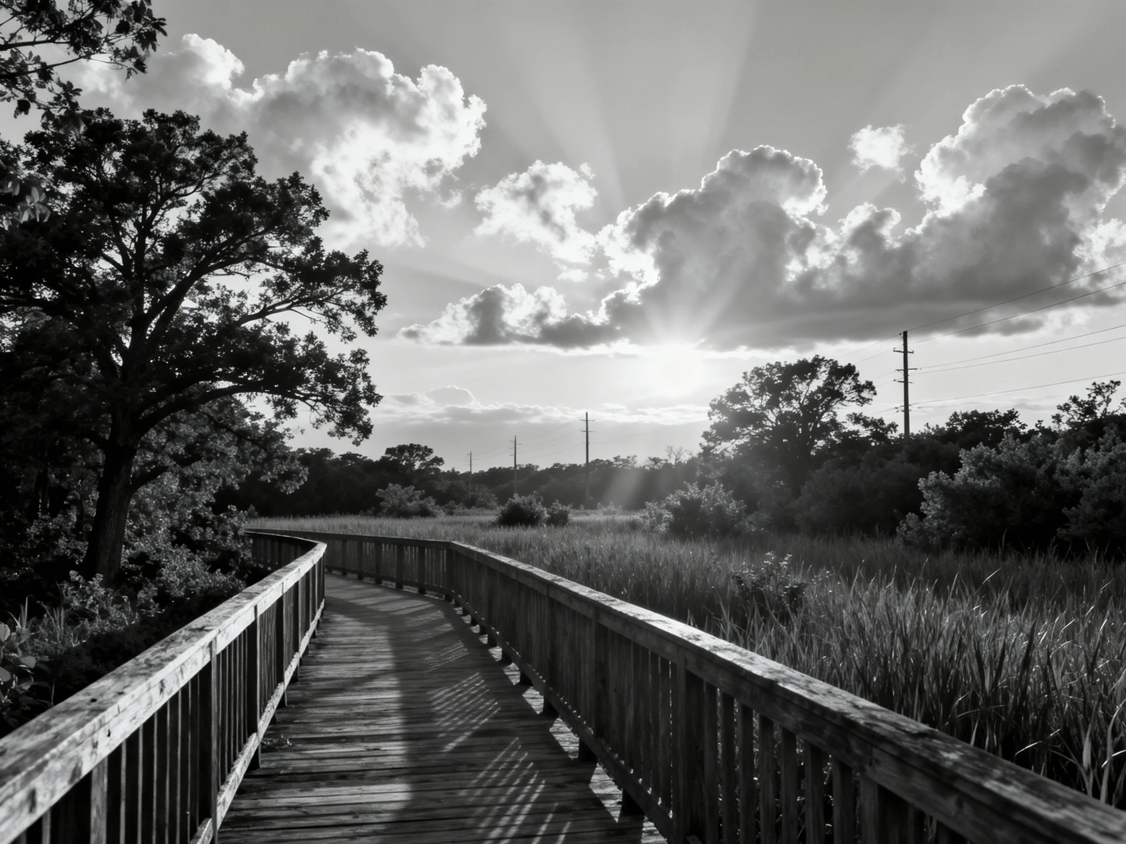 A winding wooden boardwalk through marshland under dramatic cloudy skies