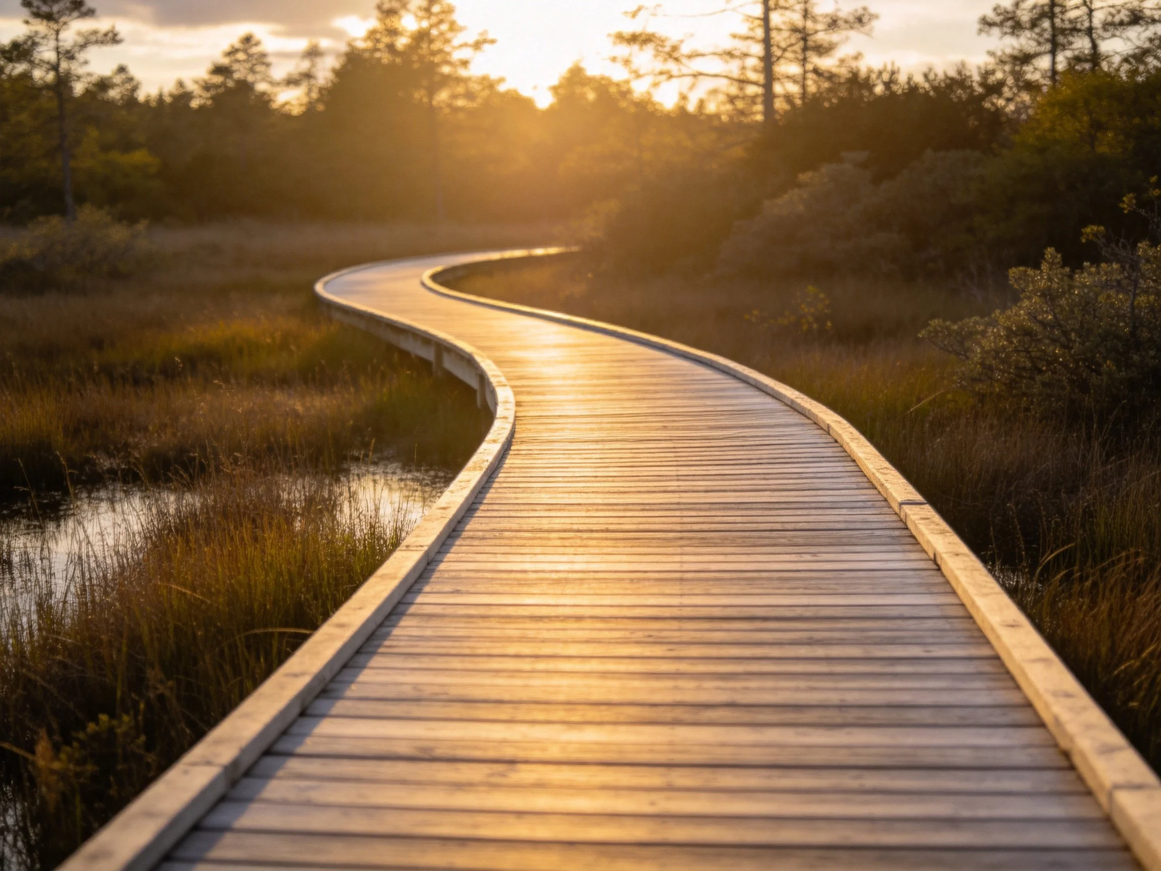 A winding wooden boardwalk winds through a golden wetland at sunset