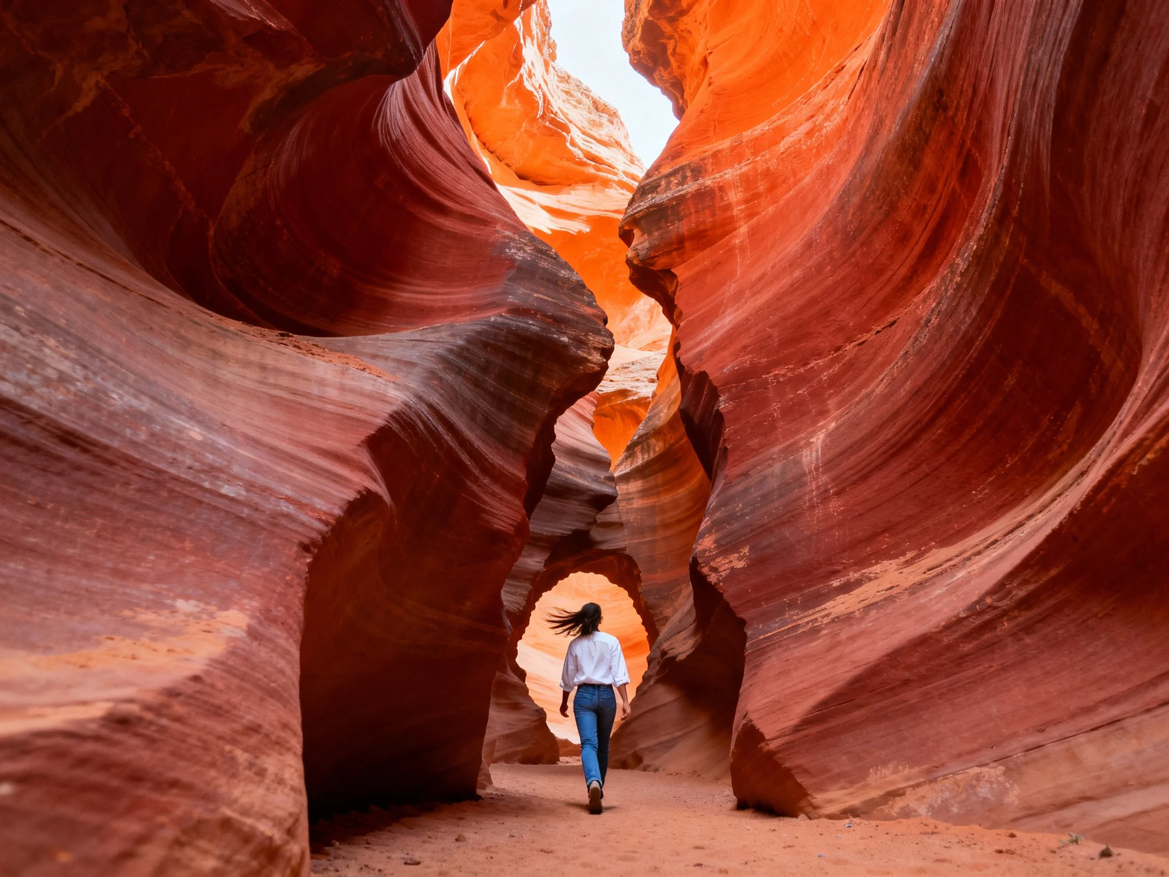 A woman explores vibrant orange sandstone canyon formations