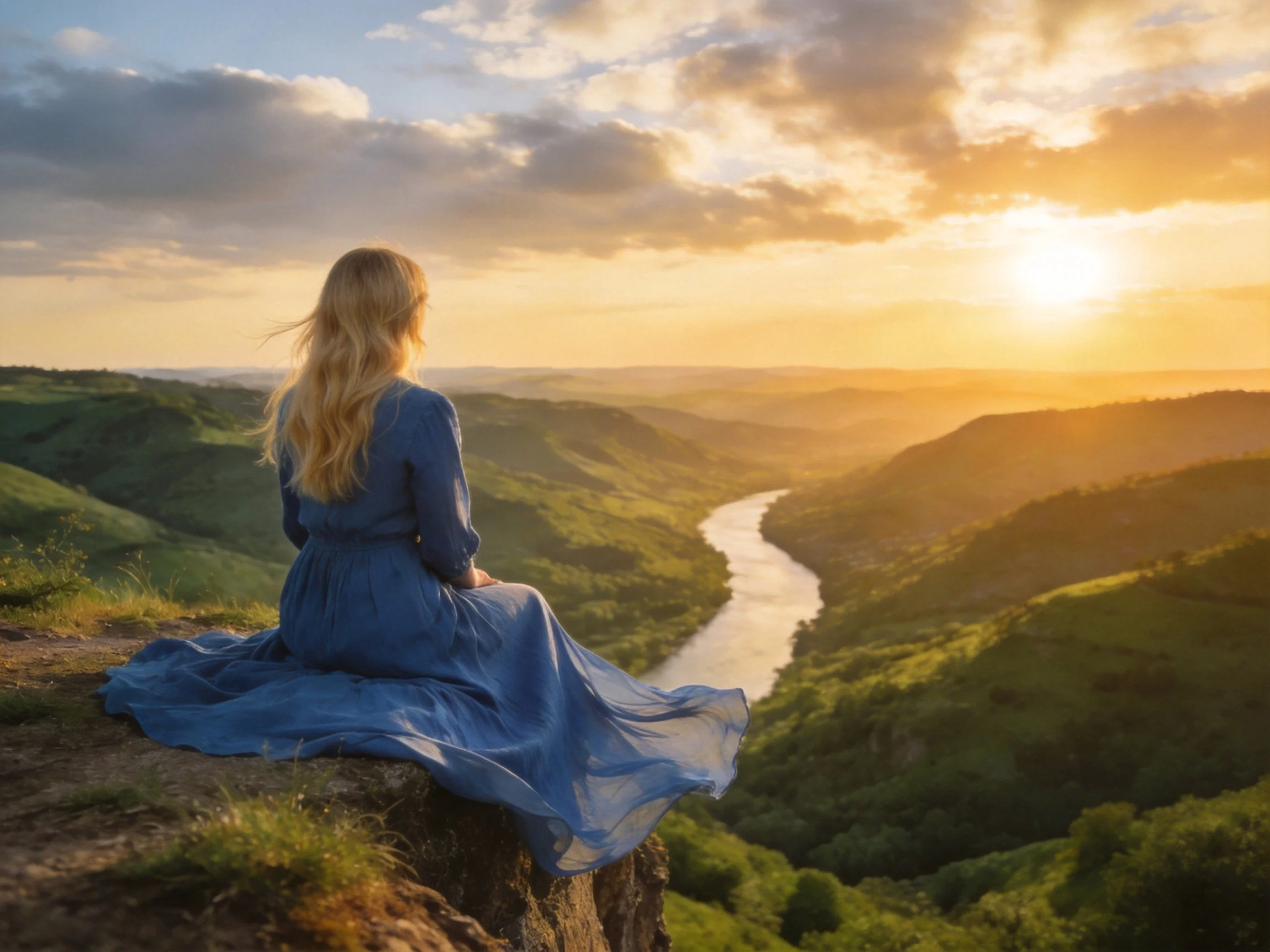 A woman in a flowing blue dress gazes over a winding river valley at sunset